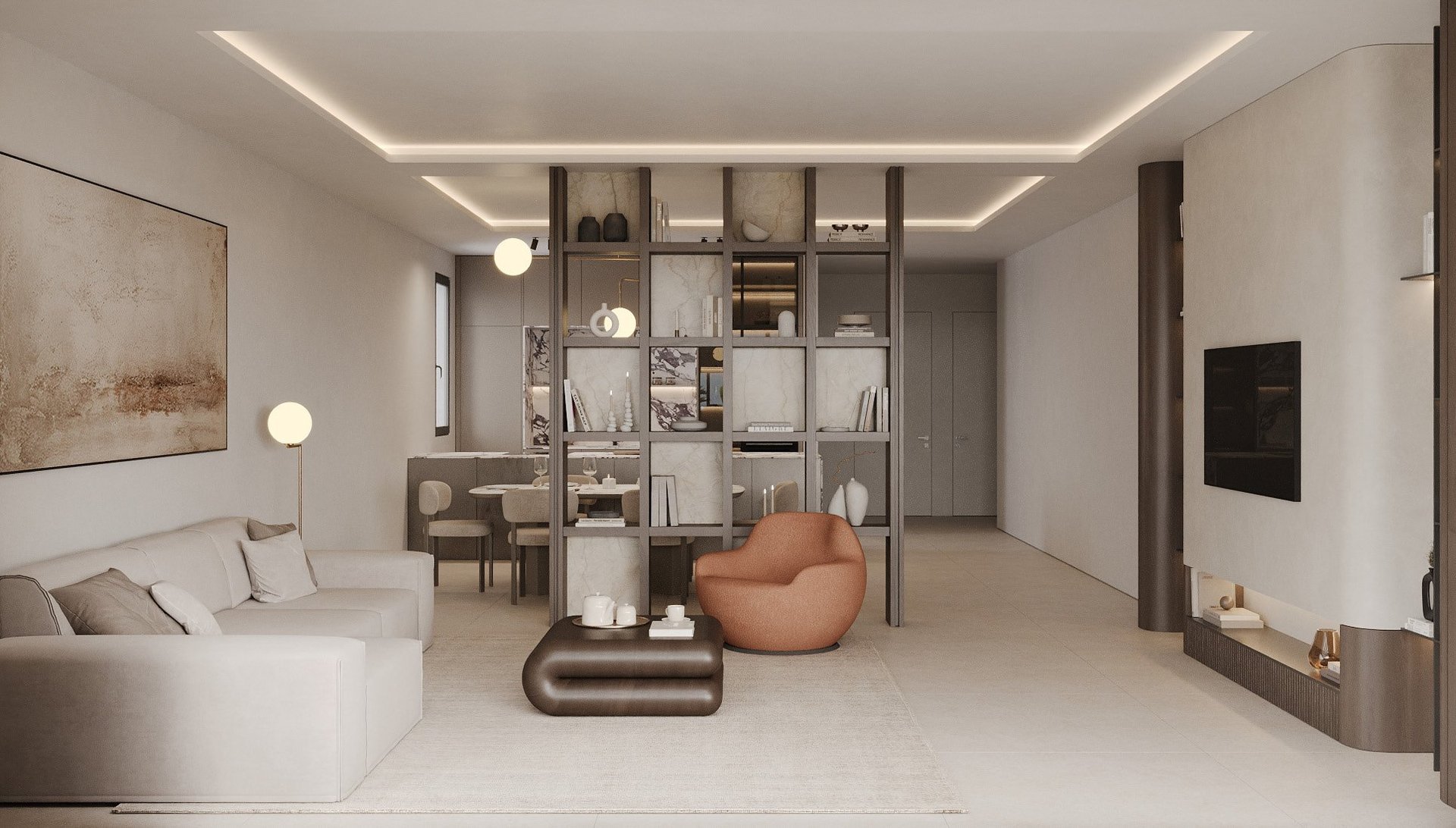 Show interior living room with room divider shelving and neutral furnishings