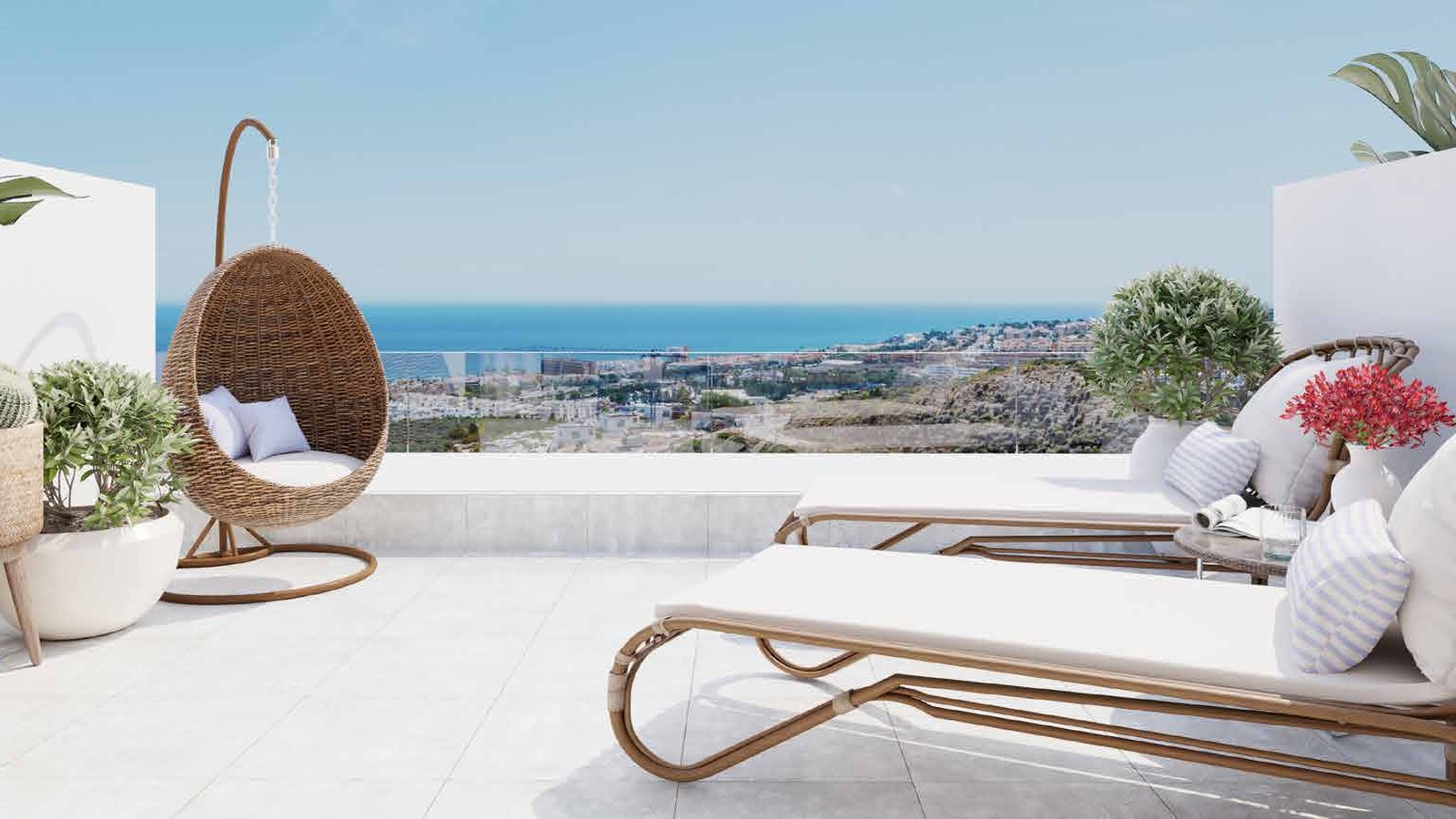 The solarium with loungers and the sea beyond