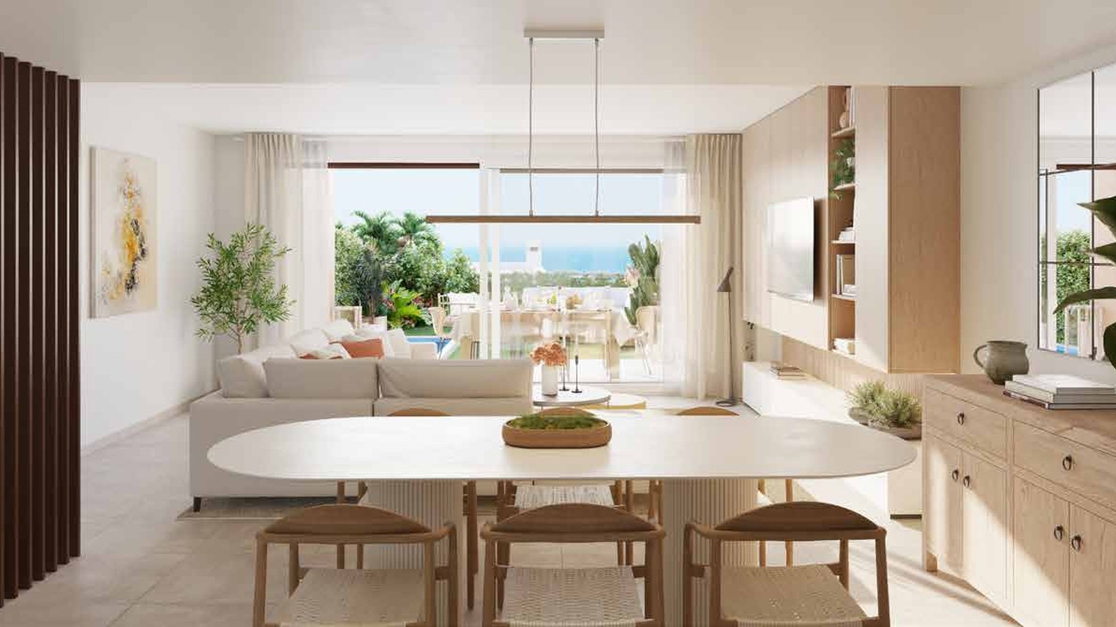 A dining room with a slatted screen and the terrace beyond