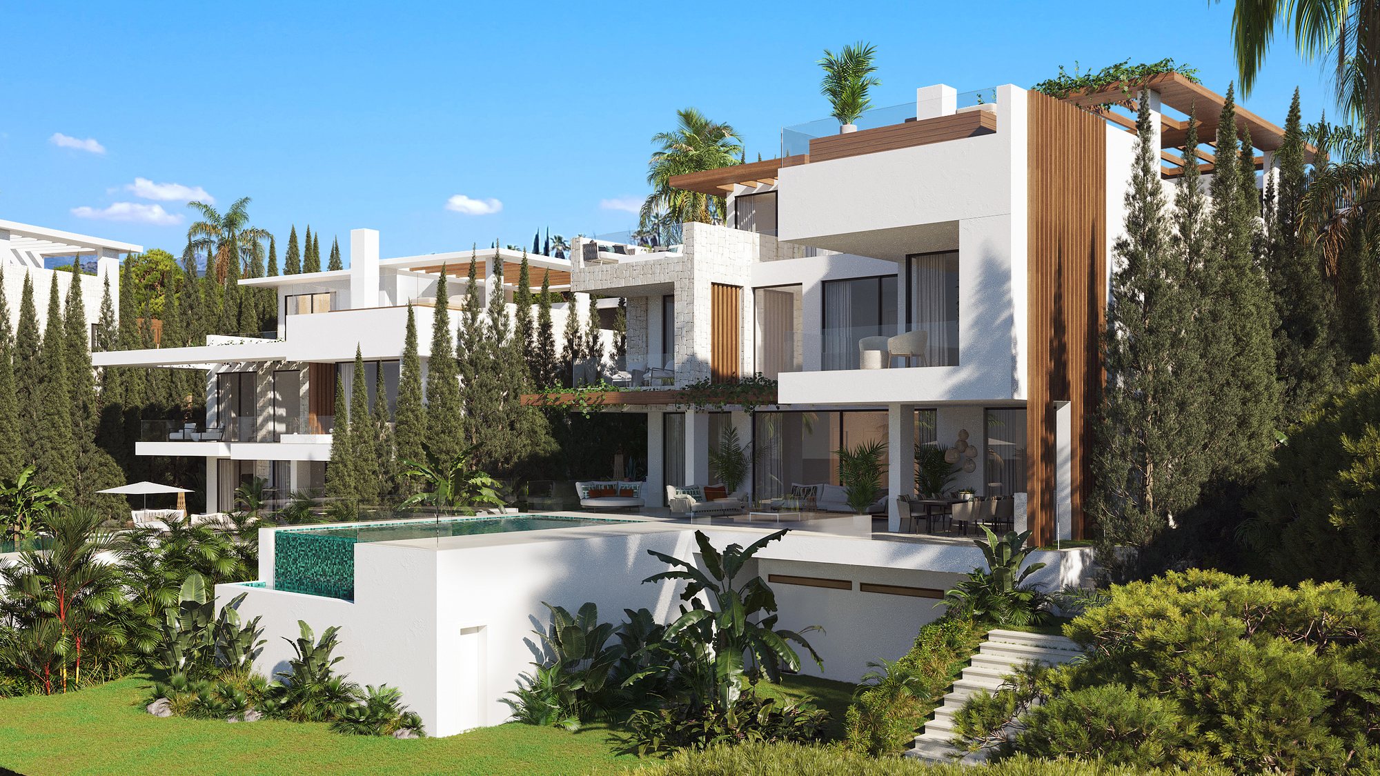 A villa from its lawn, the pool terrace below the upper floor