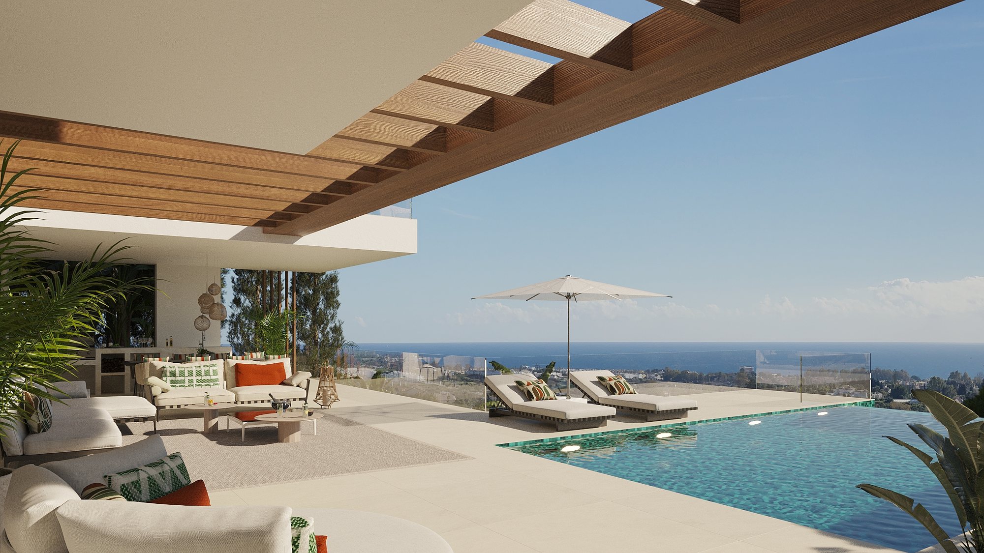 The pool terrace under a timber pergola, loungers facing the sea