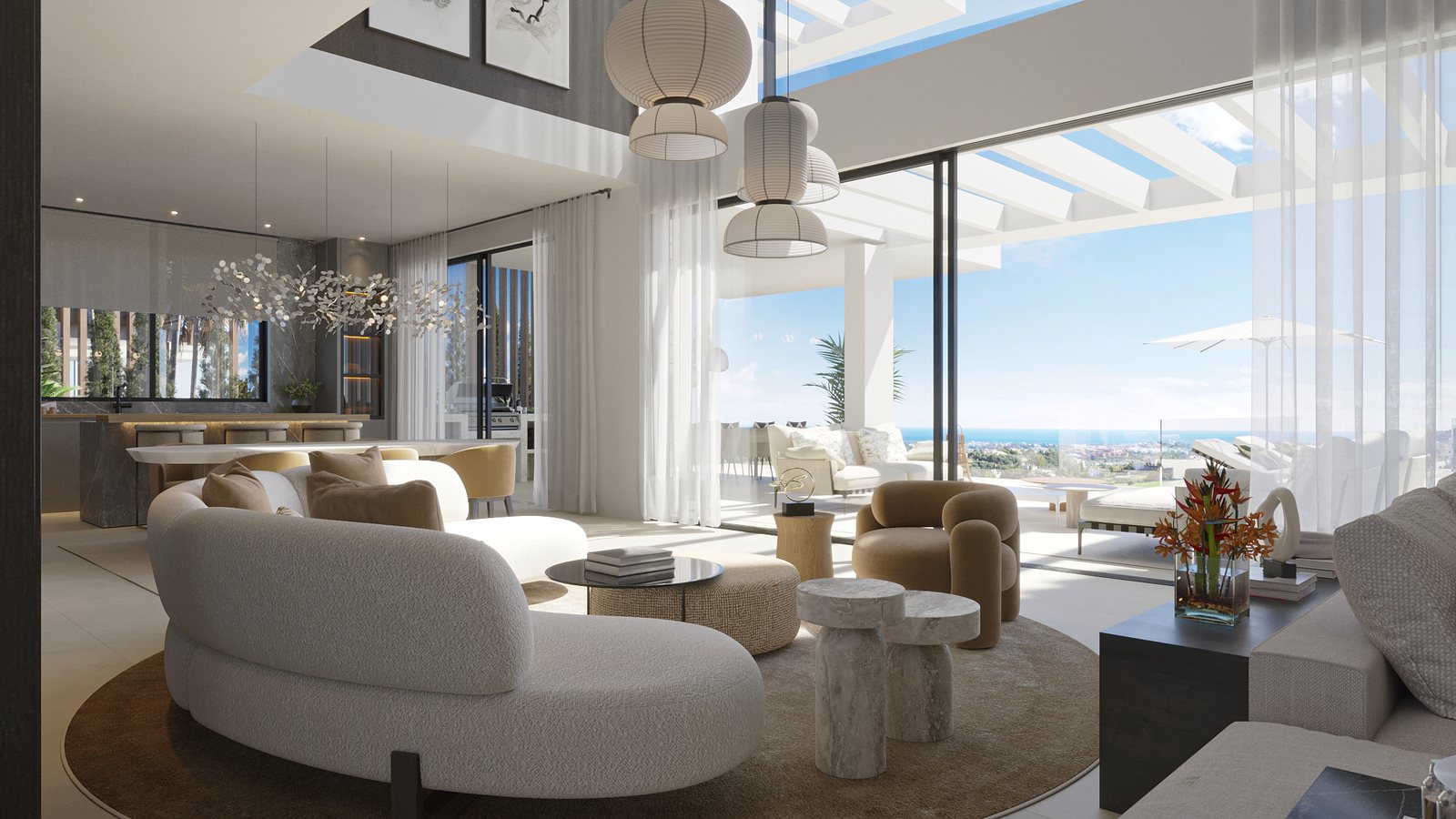 A living room in the third villa type, a low sofa under a timber ceiling