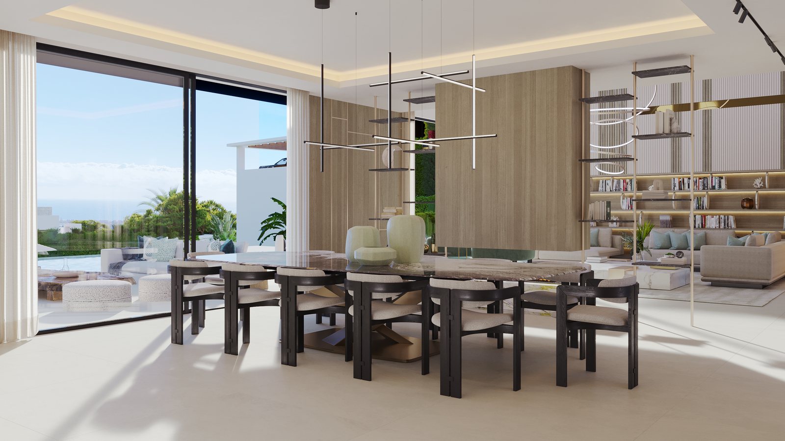The dining area opening to the terrace and the view beyond