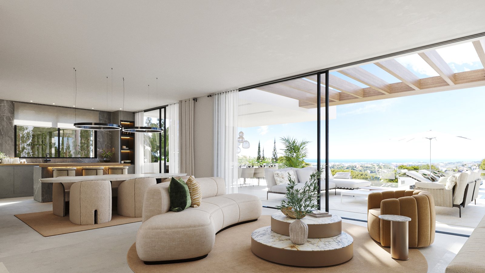 A living room facing the valley, the dining table beside the glass