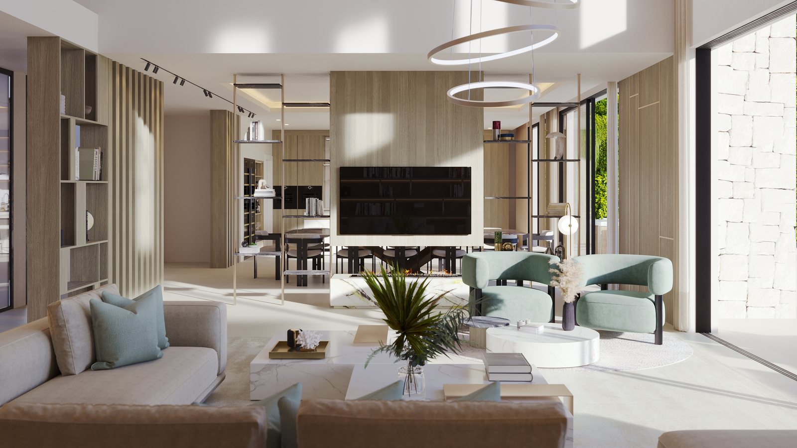 The living room opening onto the terrace, the sea beyond the parapet