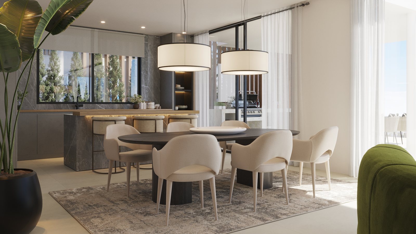 A dining table under a wide pendant, the terrace through the glass