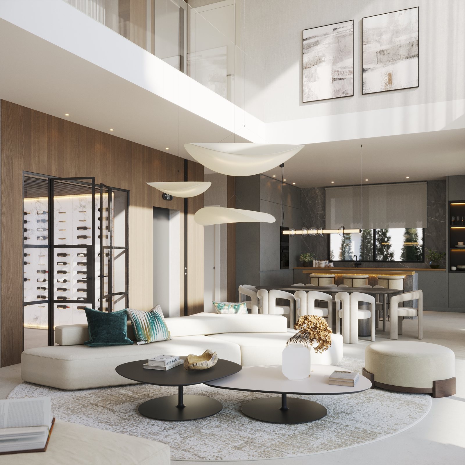 A double-height living room with a sculptural pendant over the seating