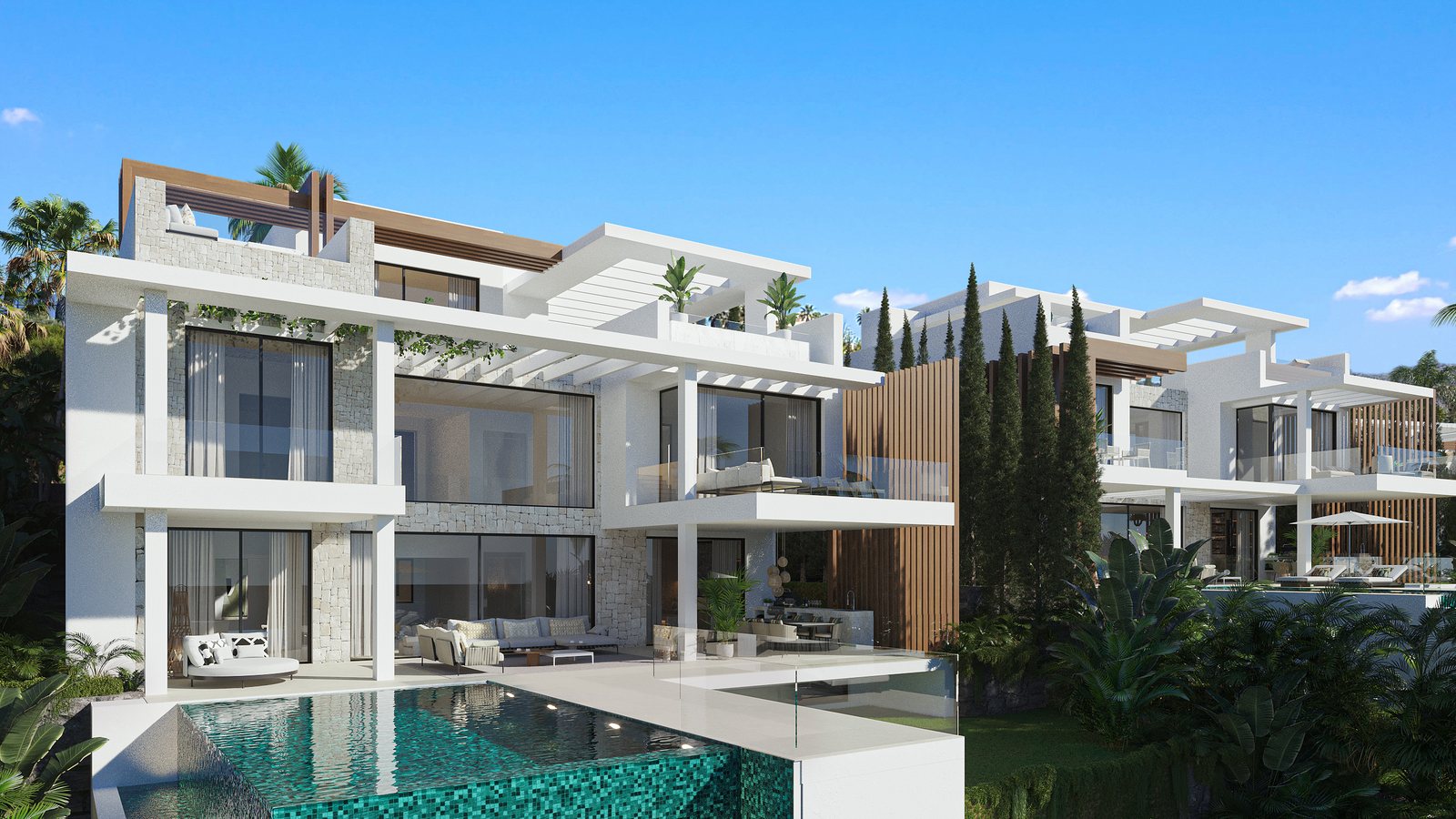 A fourth villa type above its pool, the terrace wrapping the corner