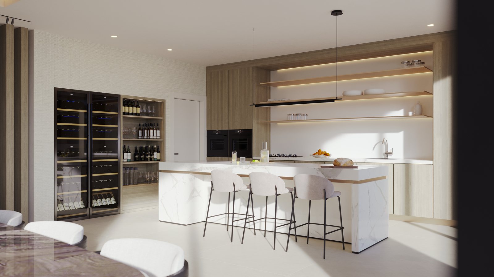 An island kitchen with bar stools and a glazed wine wall