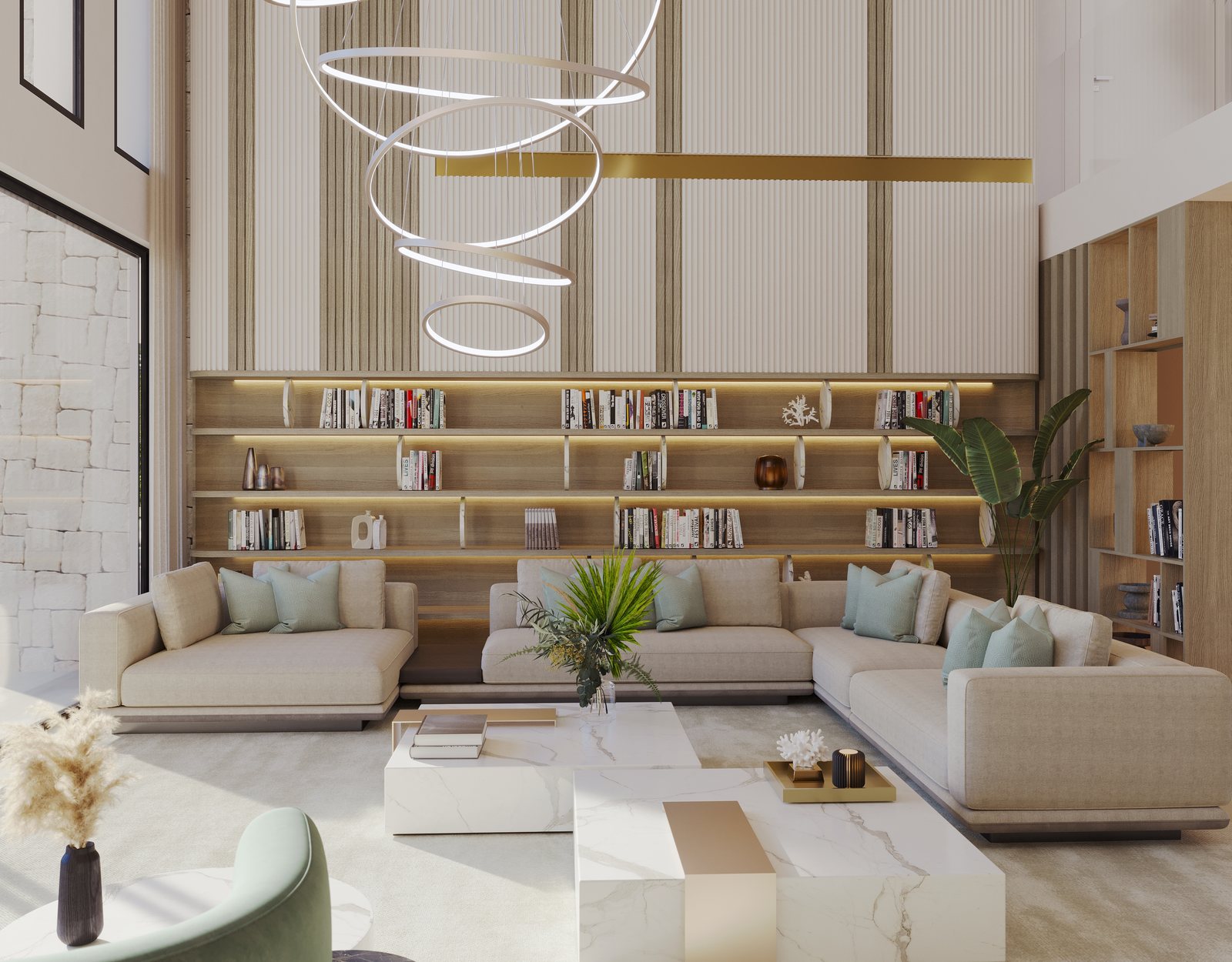 A library wall running the full height of the living room