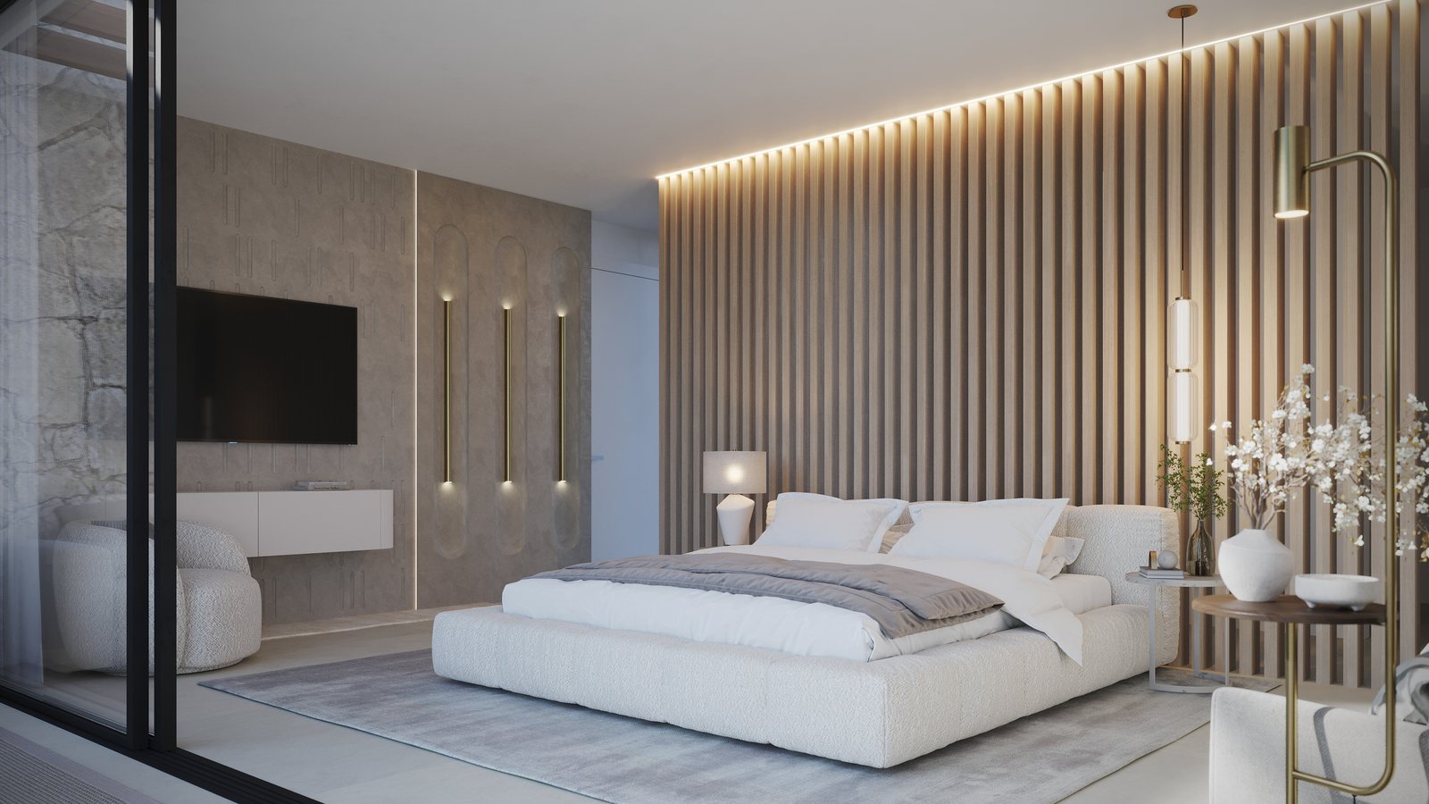 The main bedroom open to the garden, a screen wall behind the bed