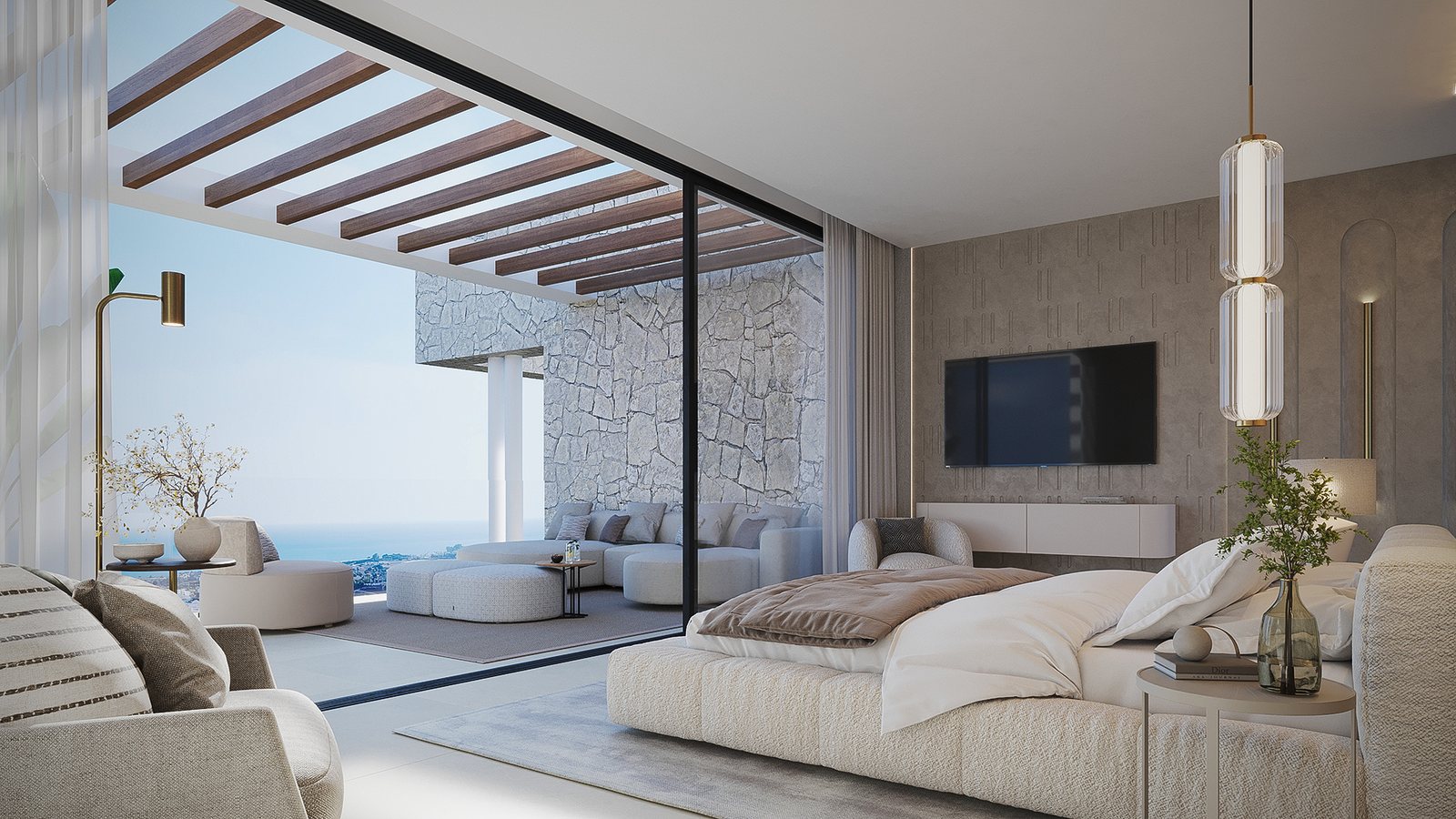 The main bedroom with a low bed and sliding glass onto the terrace