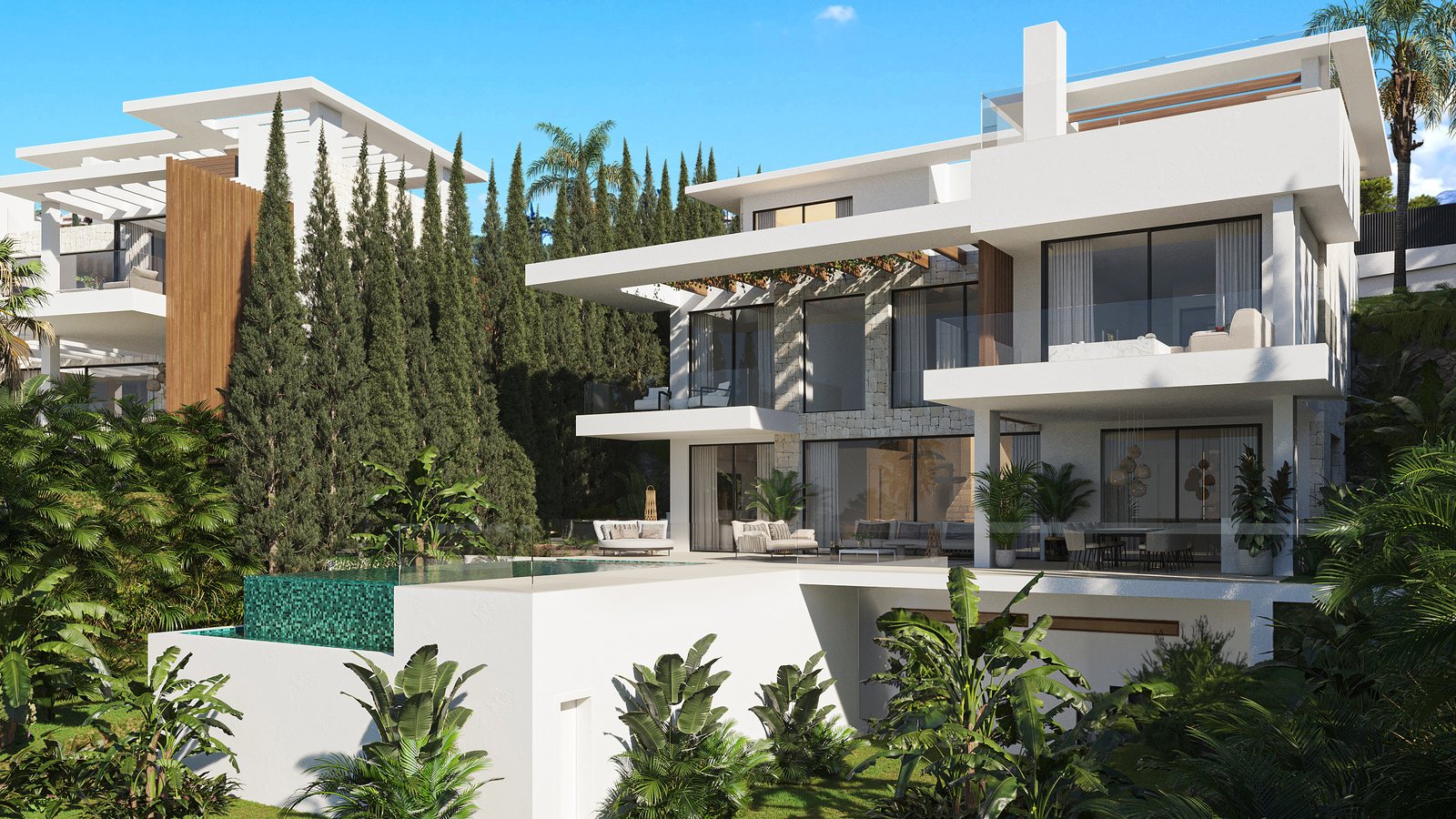 A second villa type seen from the garden, a pergola over the terrace