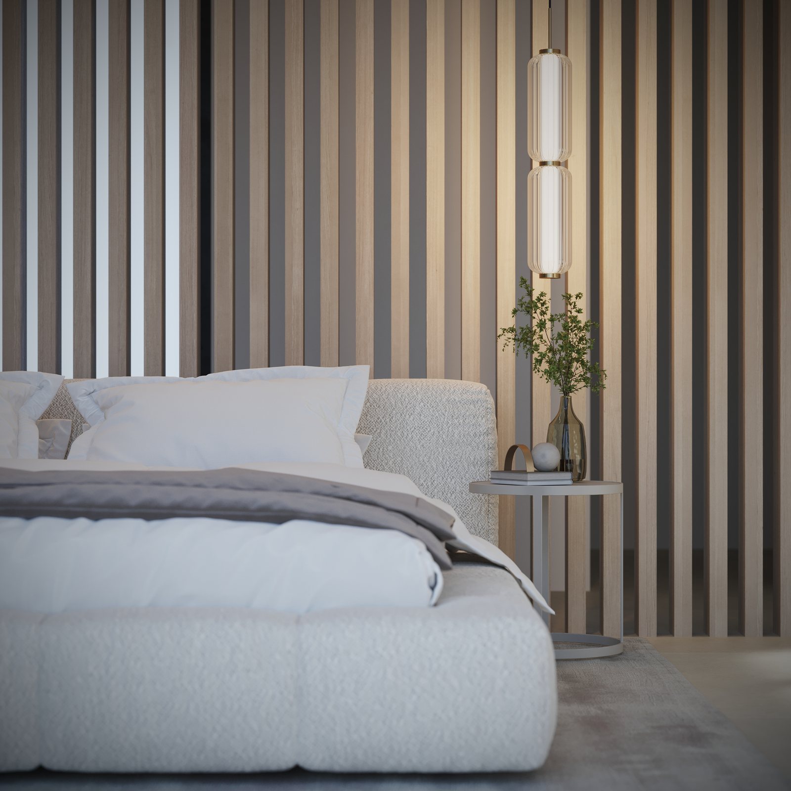 A bedroom with a full-height slatted timber headboard wall