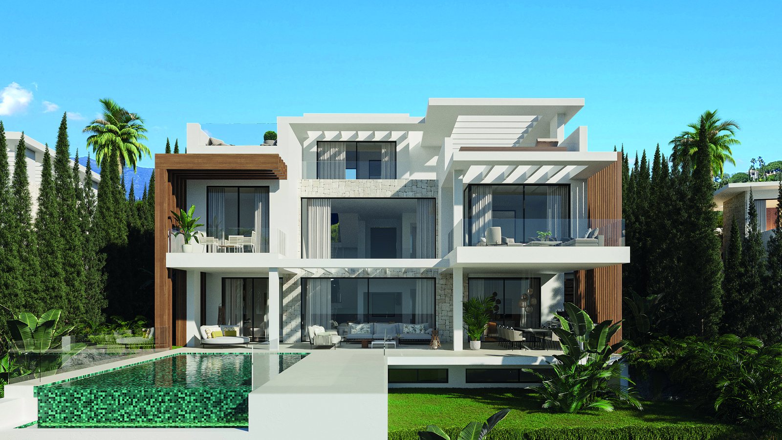A third villa type, white volumes stepping down between cypresses