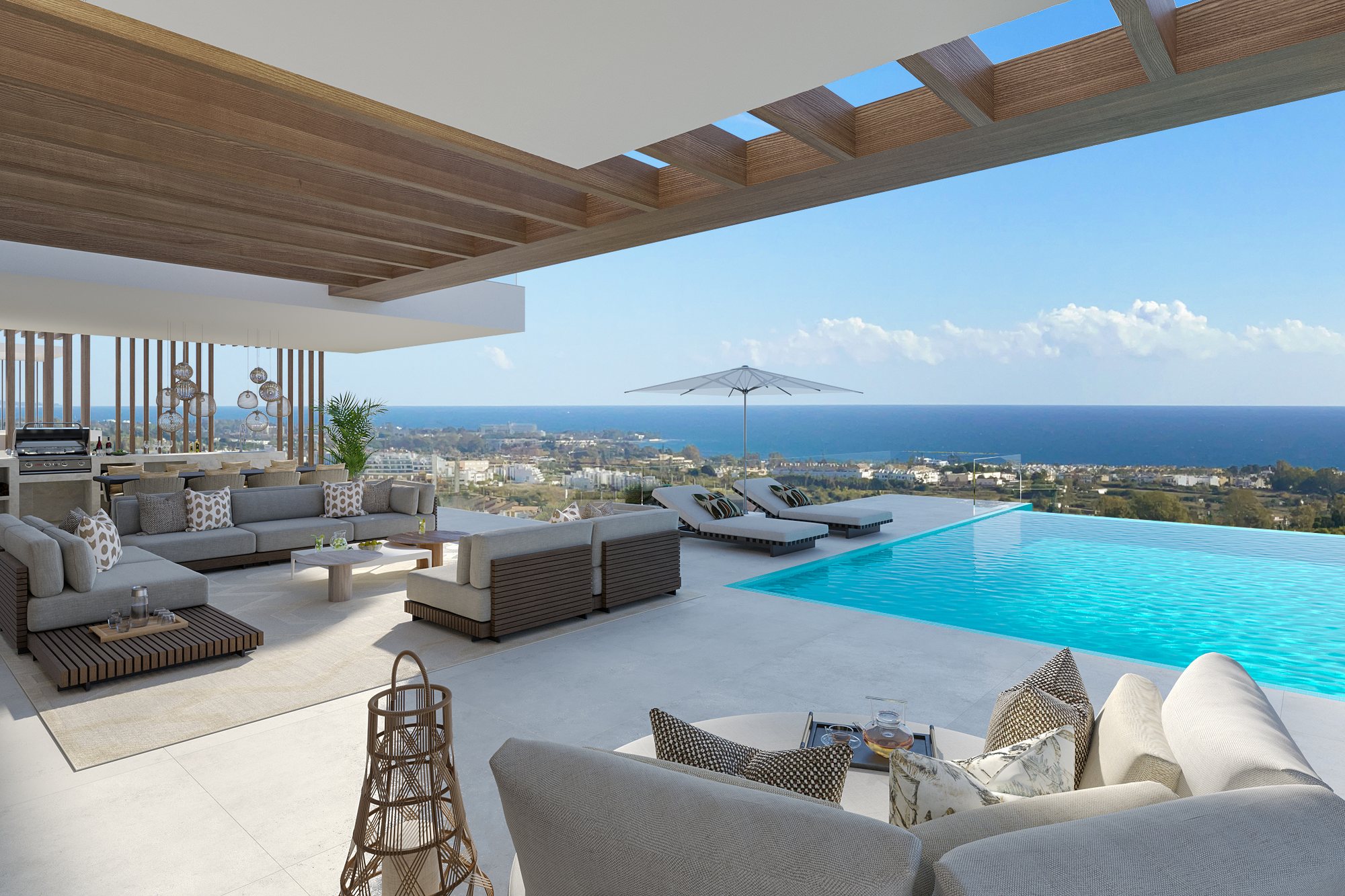 An open living room with the glass pushed back to the garden