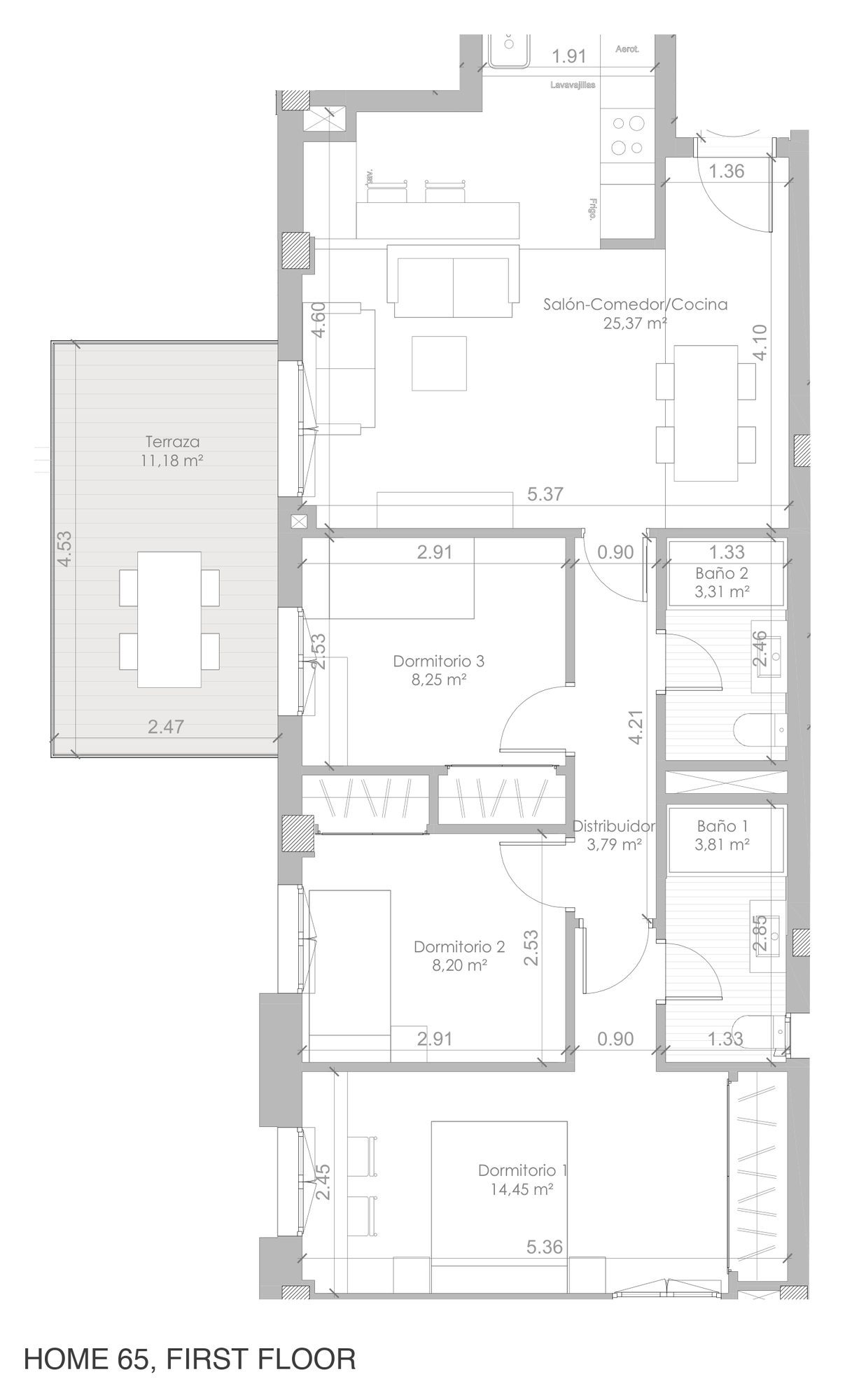Grundriss der Wohnung 65, erstes Obergeschoss