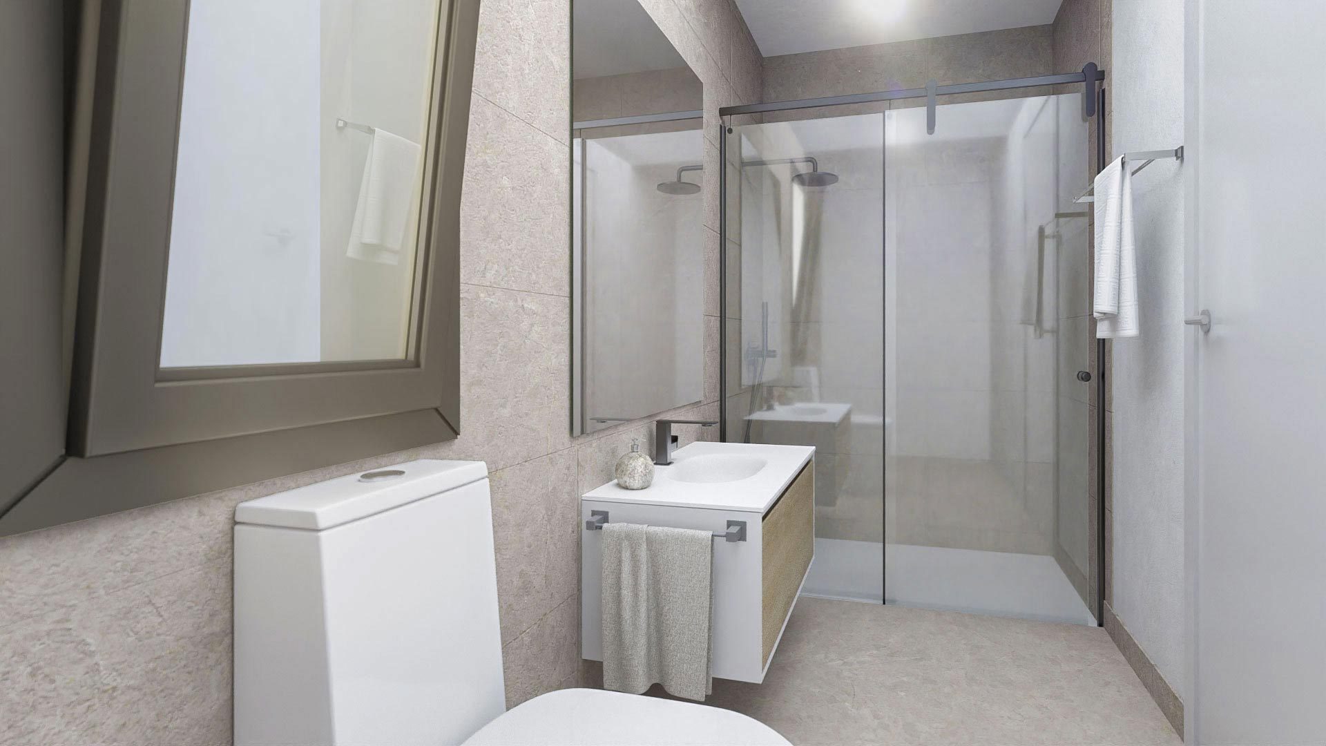 Computergeneriertes Badezimmer mit verglaster Dusche, wandhängendem Waschtisch und Toilette