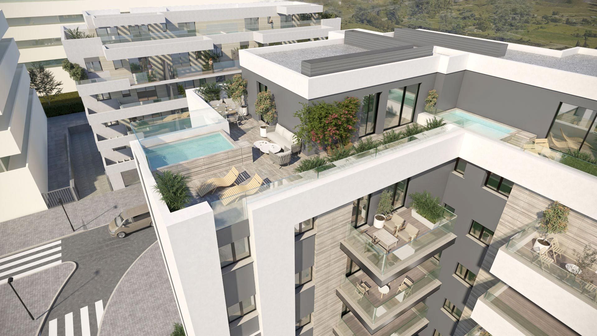 Computergenerierte Luftaufnahme der gestaffelten Dachterrassen, zwei davon mit privatem Pool