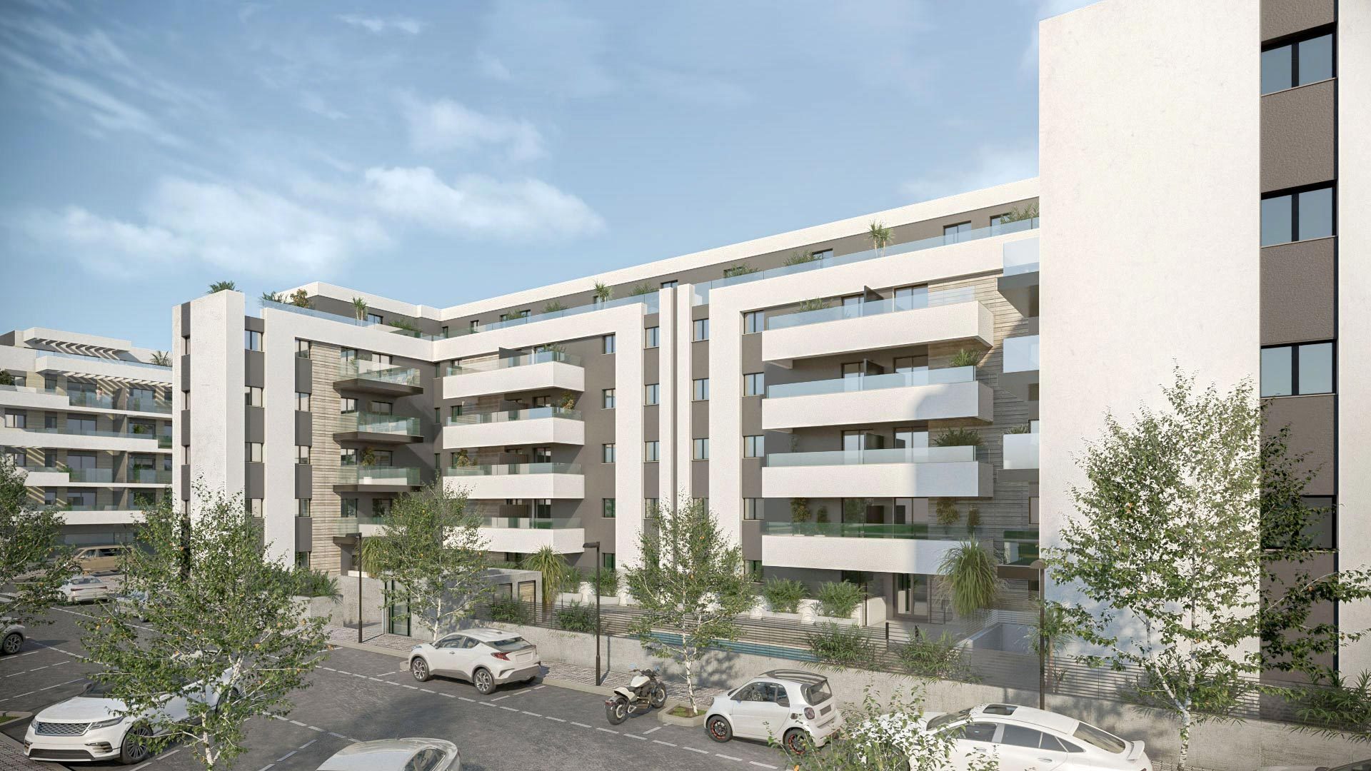 Computergenerierte Ansicht des Apartmentgebäudes an einer Straße, mit Balkonen, Glasbrüstungen und parkenden Autos