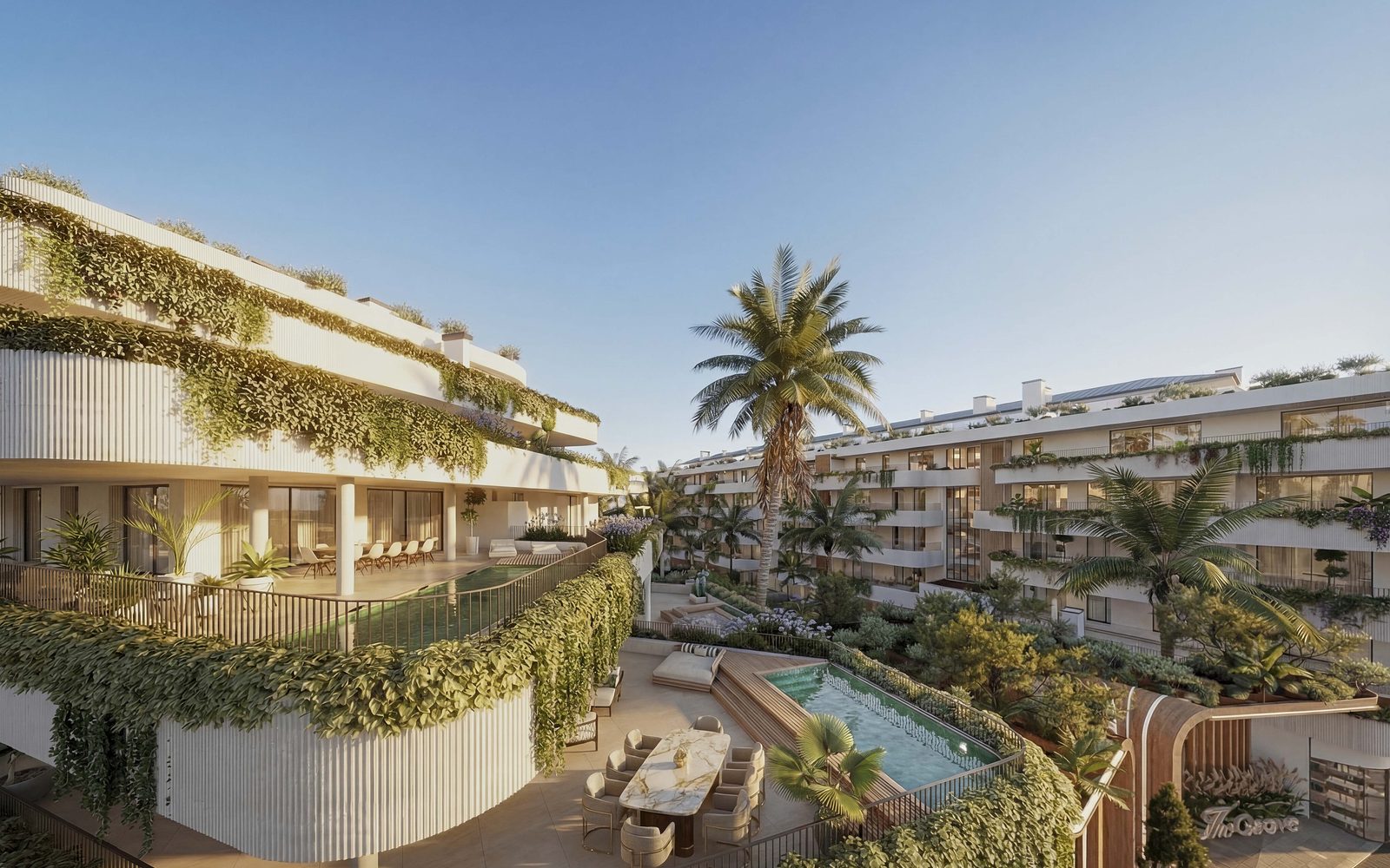 Curved terraces, private pools and Mediterranean planting at Marbella West Garden Residences