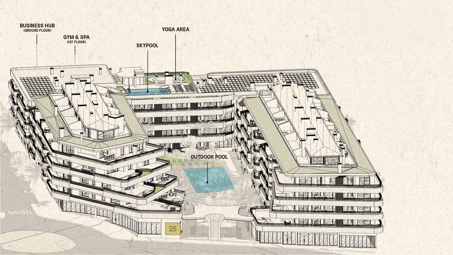 Master plan showing the buildings, pools and rooftop amenities at Marbella West Garden Residences