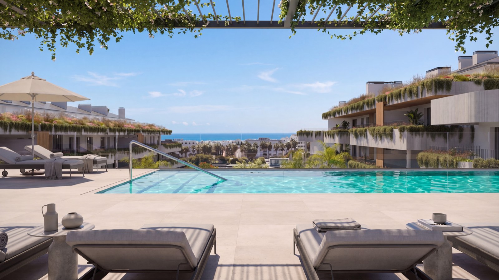 Developer visual of the rooftop infinity pool with sea views at Marbella West Garden Residences
