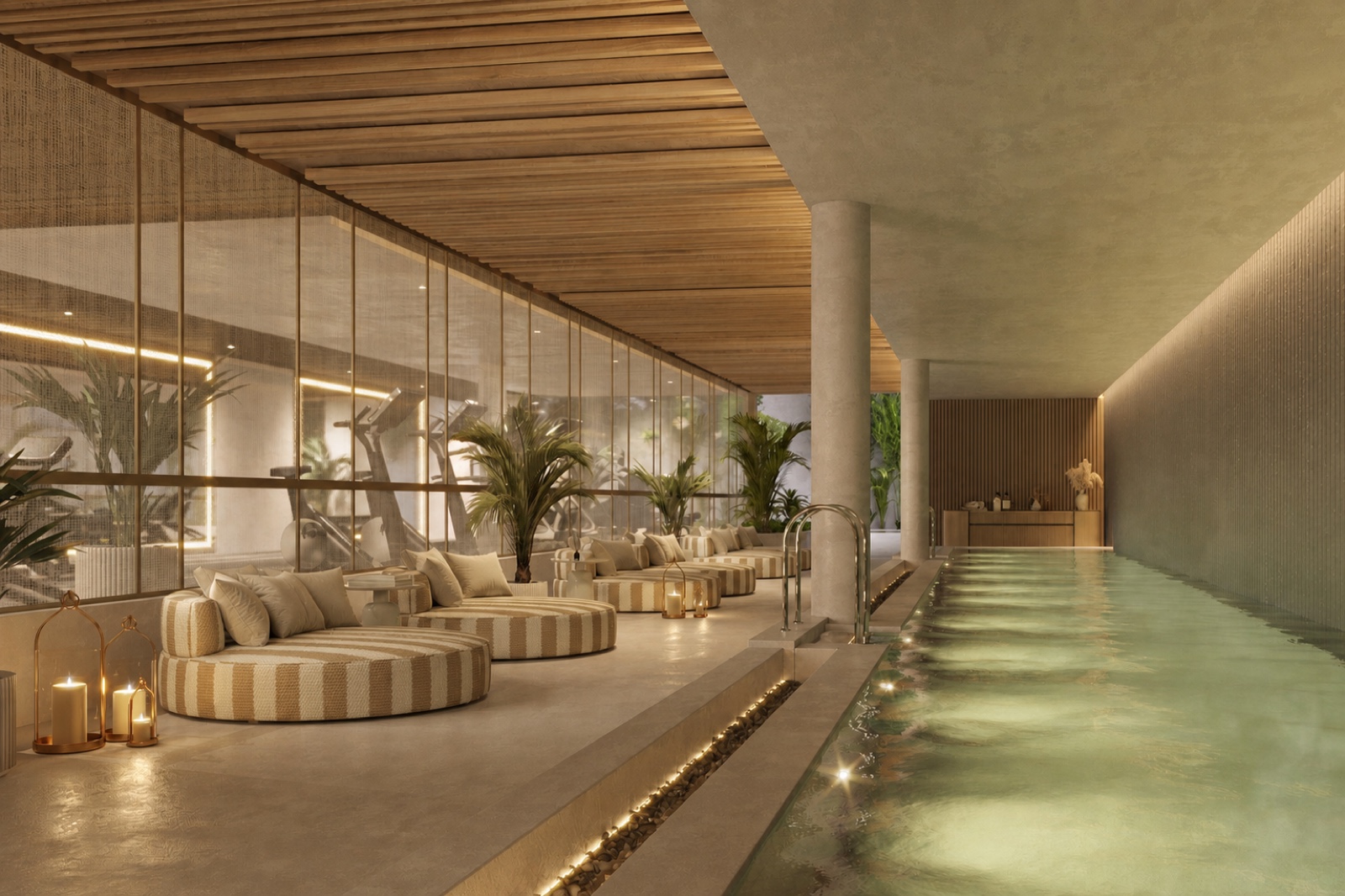 Developer visual of the indoor lap pool and lounge at Marbella West Garden Residences