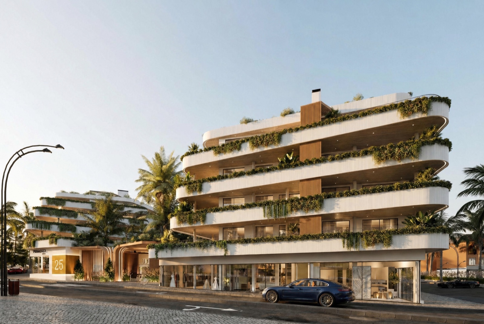 Developer visual of the planted street-facing facade at Marbella West Garden Residences