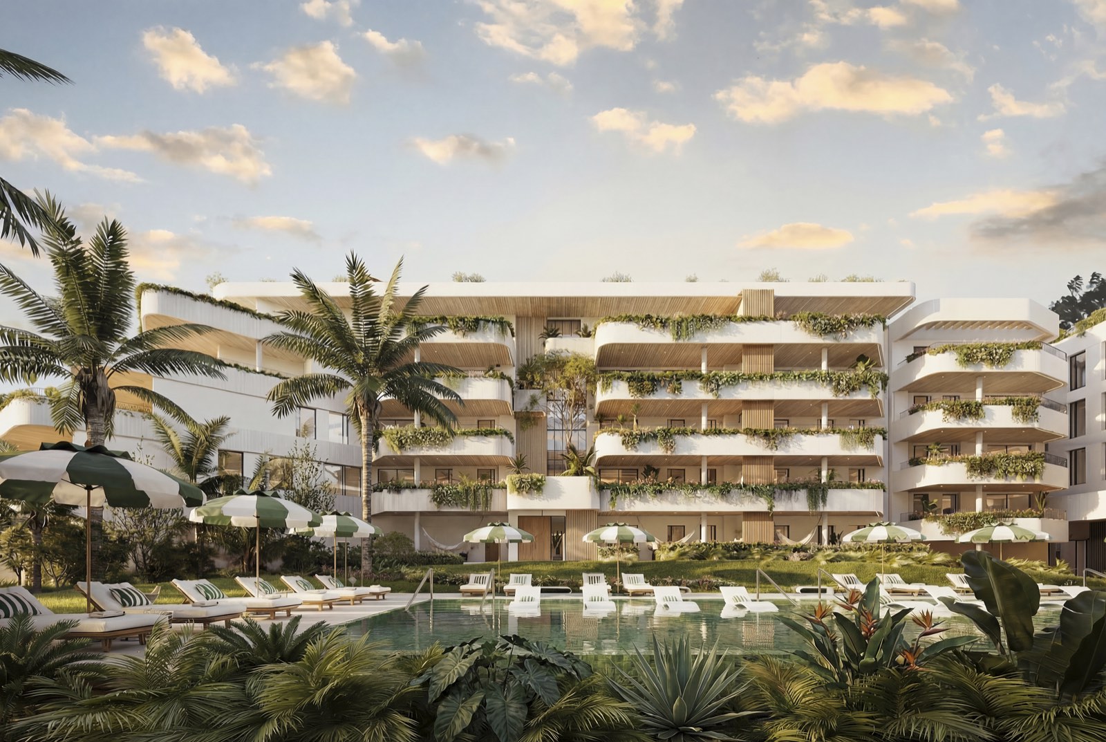 Developer visual of the landscaped central garden and outdoor pool at Marbella West Garden Residences