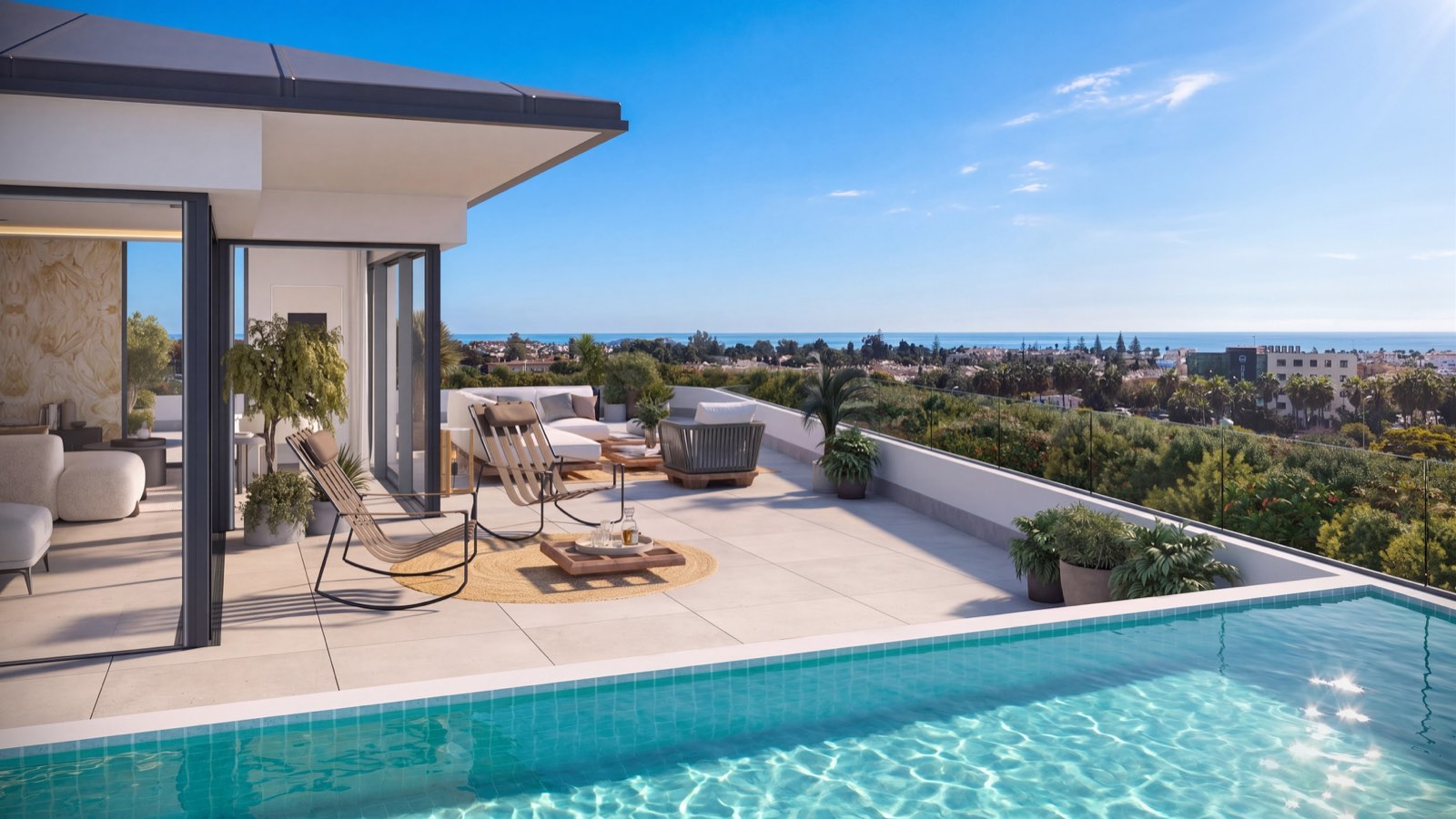 Developer visual of a rooftop pool terrace at Marbella West Garden Residences