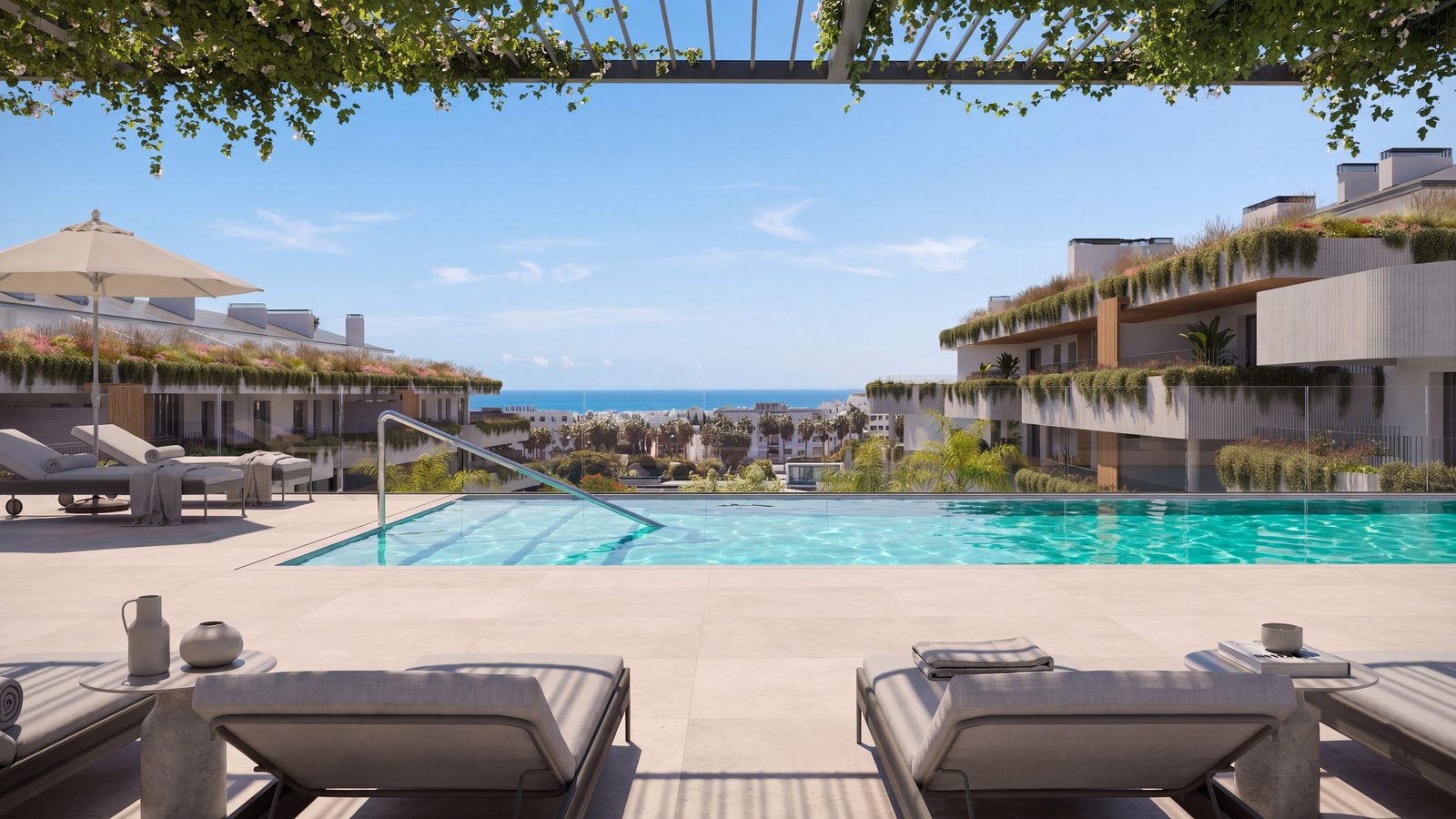 Saltwater pool with sea views at Marbella West Garden Residences