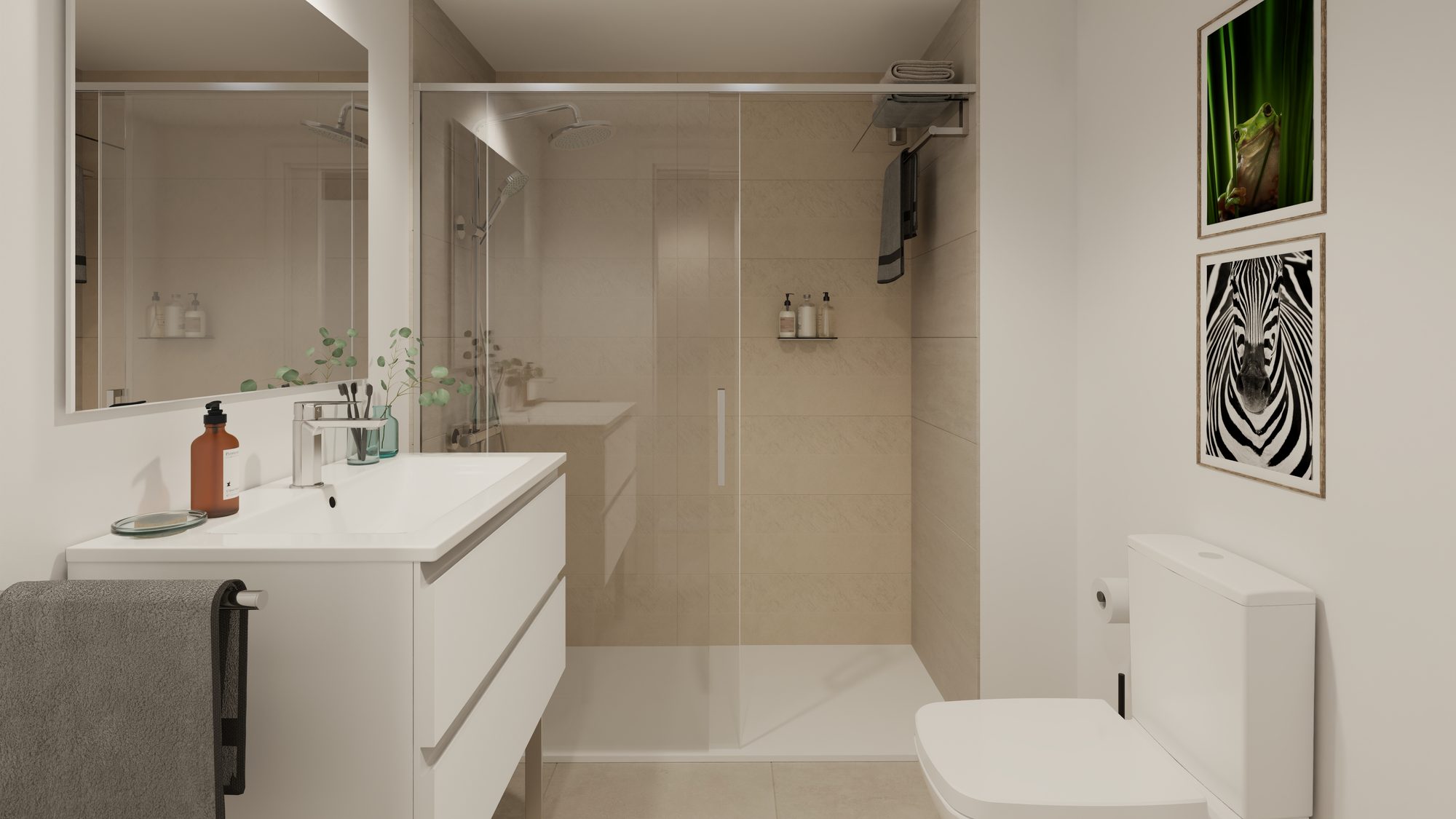 Developer visual of the en-suite bathroom with a walk-in shower and a wide vanity