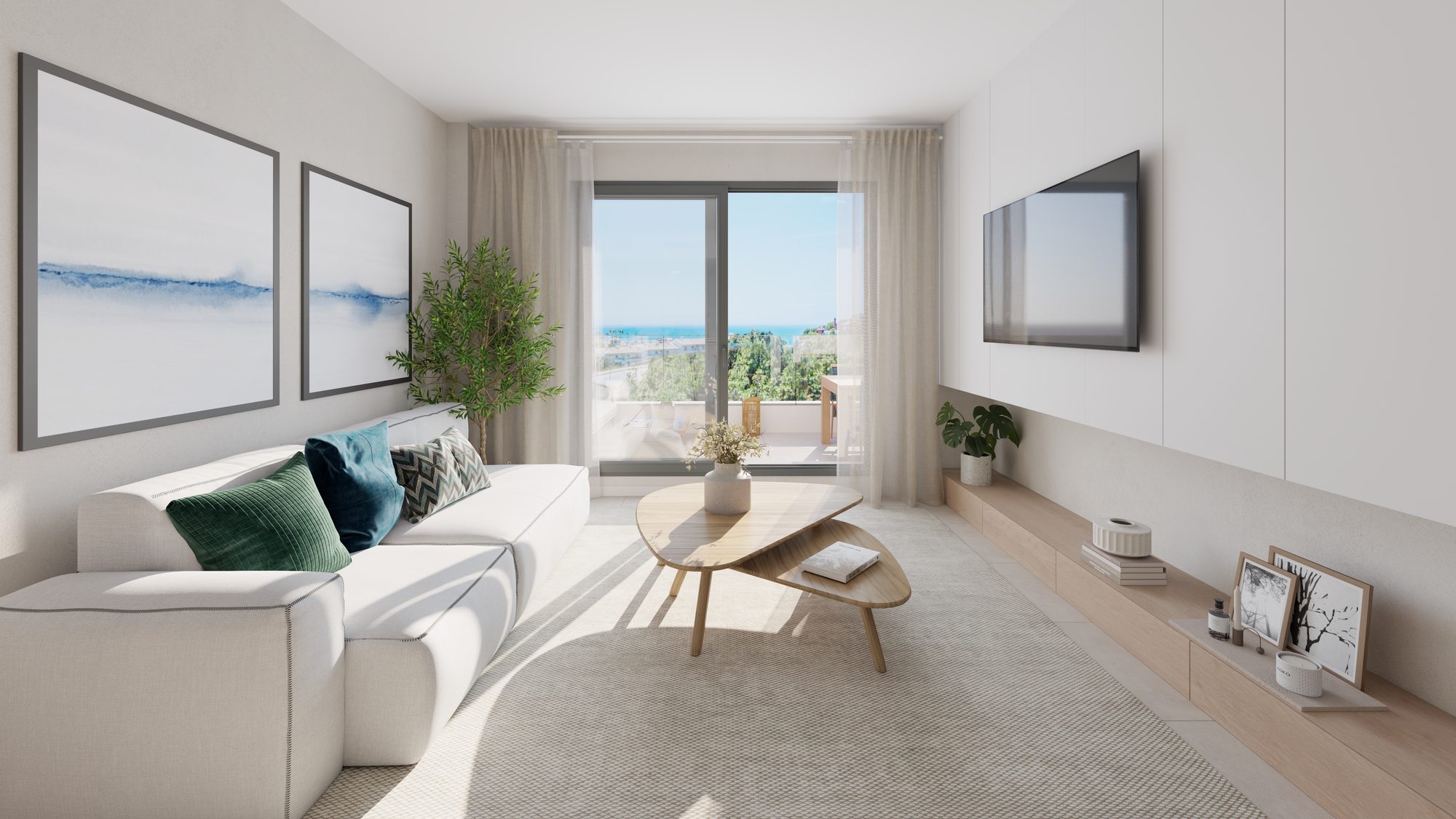 Developer visual of the living room, its terrace door open to the sea view