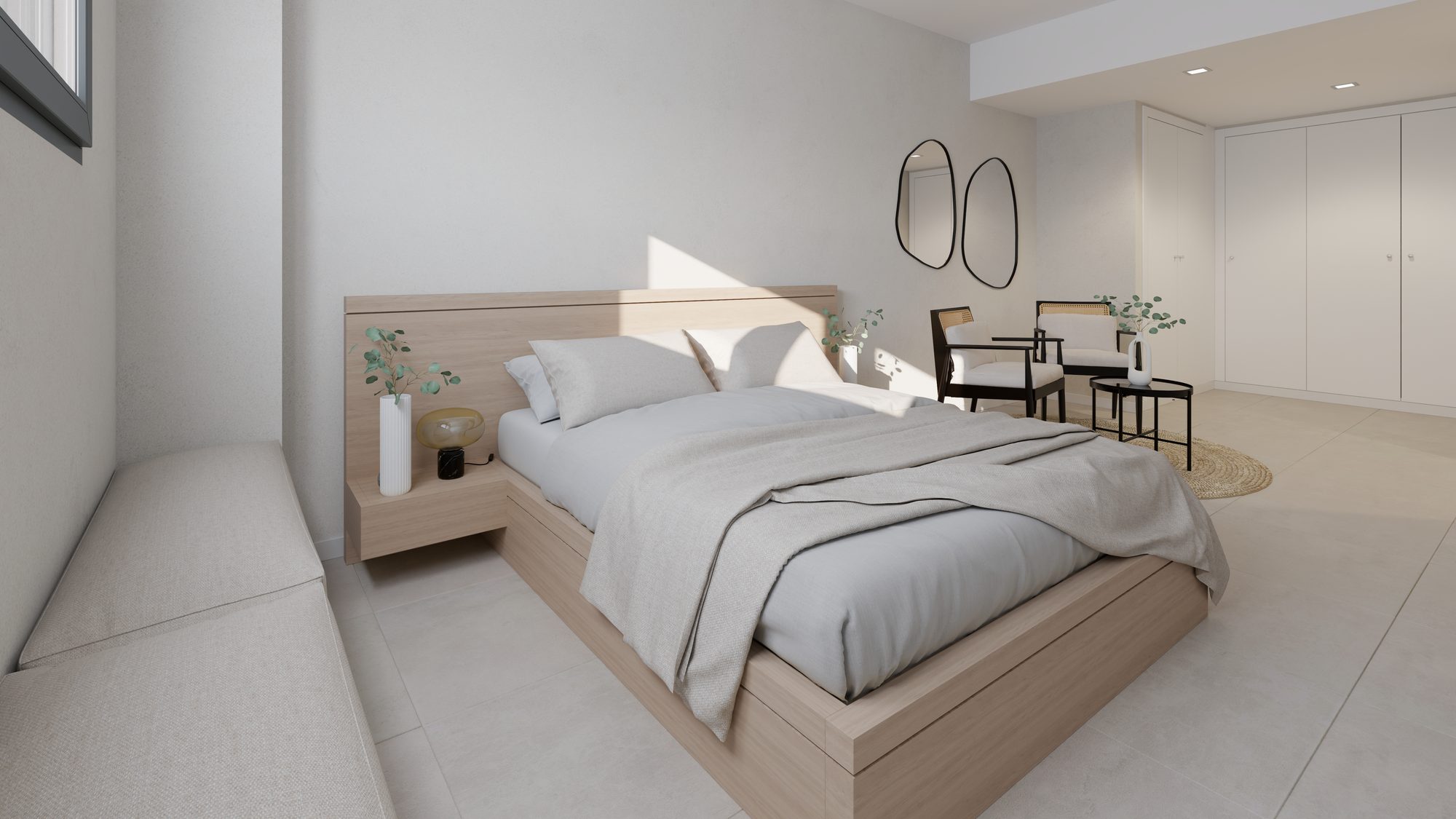 Developer visual of the main bedroom with a timber headboard and fitted wardrobes