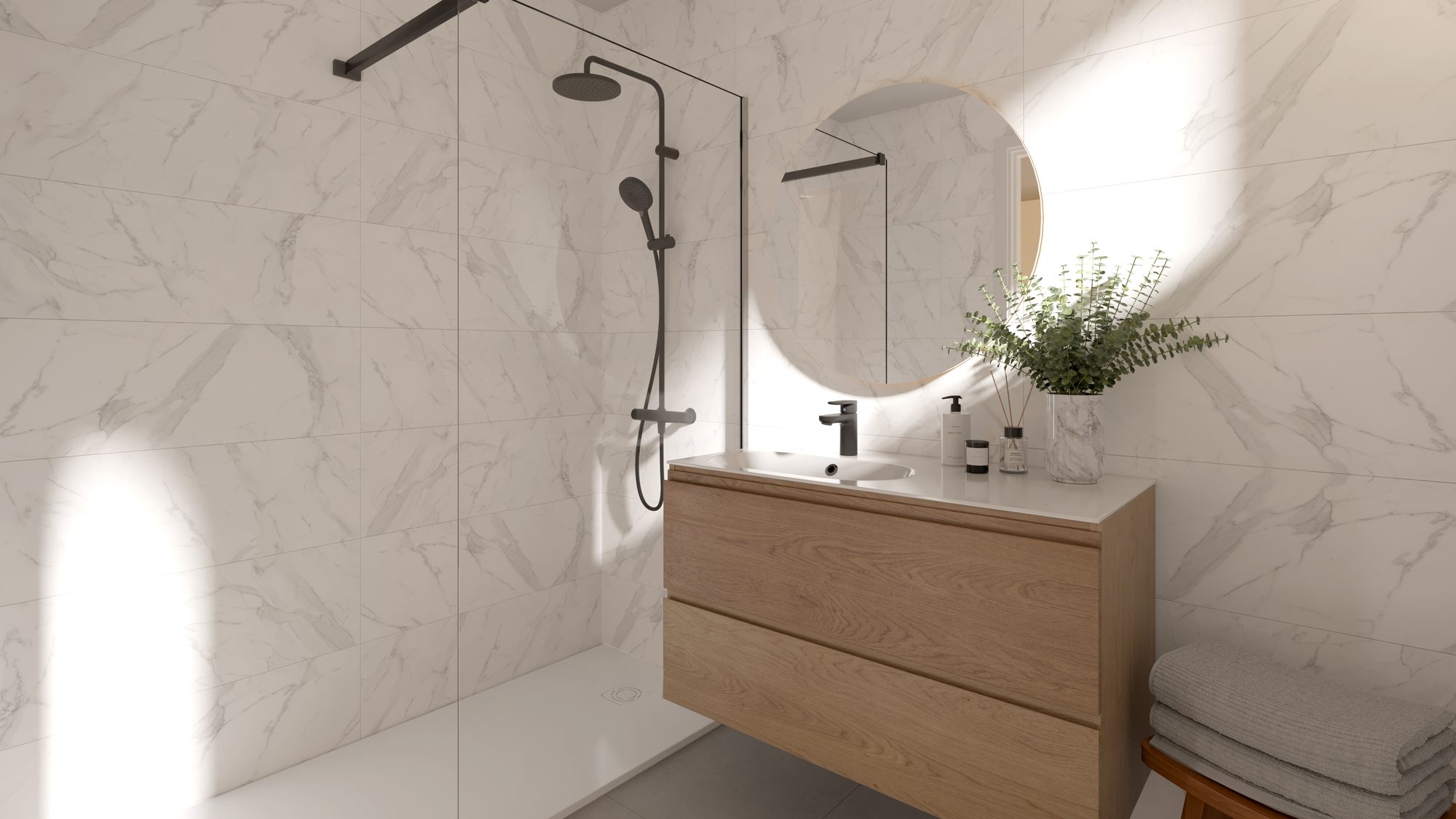 Bauträger-Visualisierung eines Badezimmers mit bodengleicher Dusche und Eichenwaschtisch