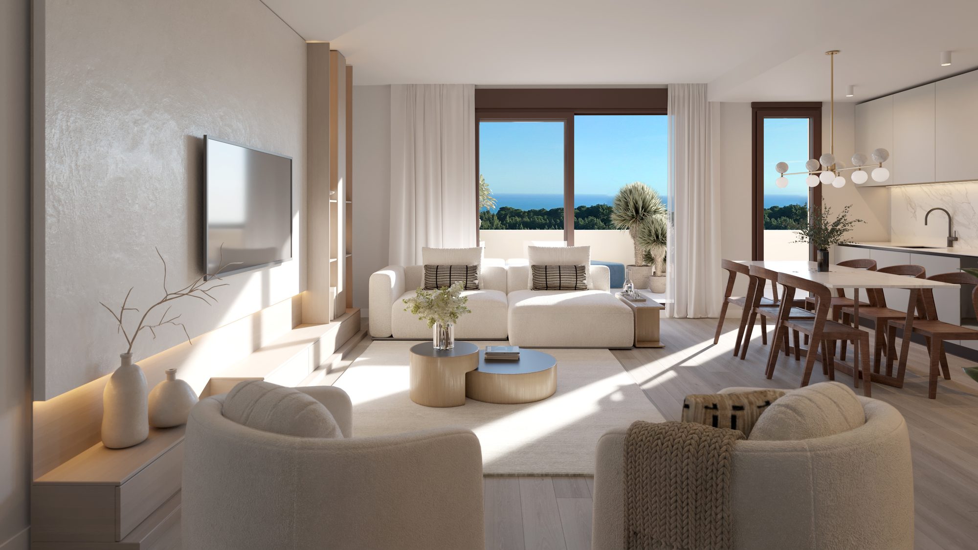 Bauträger-Visualisierung des Wohn- und Esszimmers, offen zur Terrasse und zum Meer