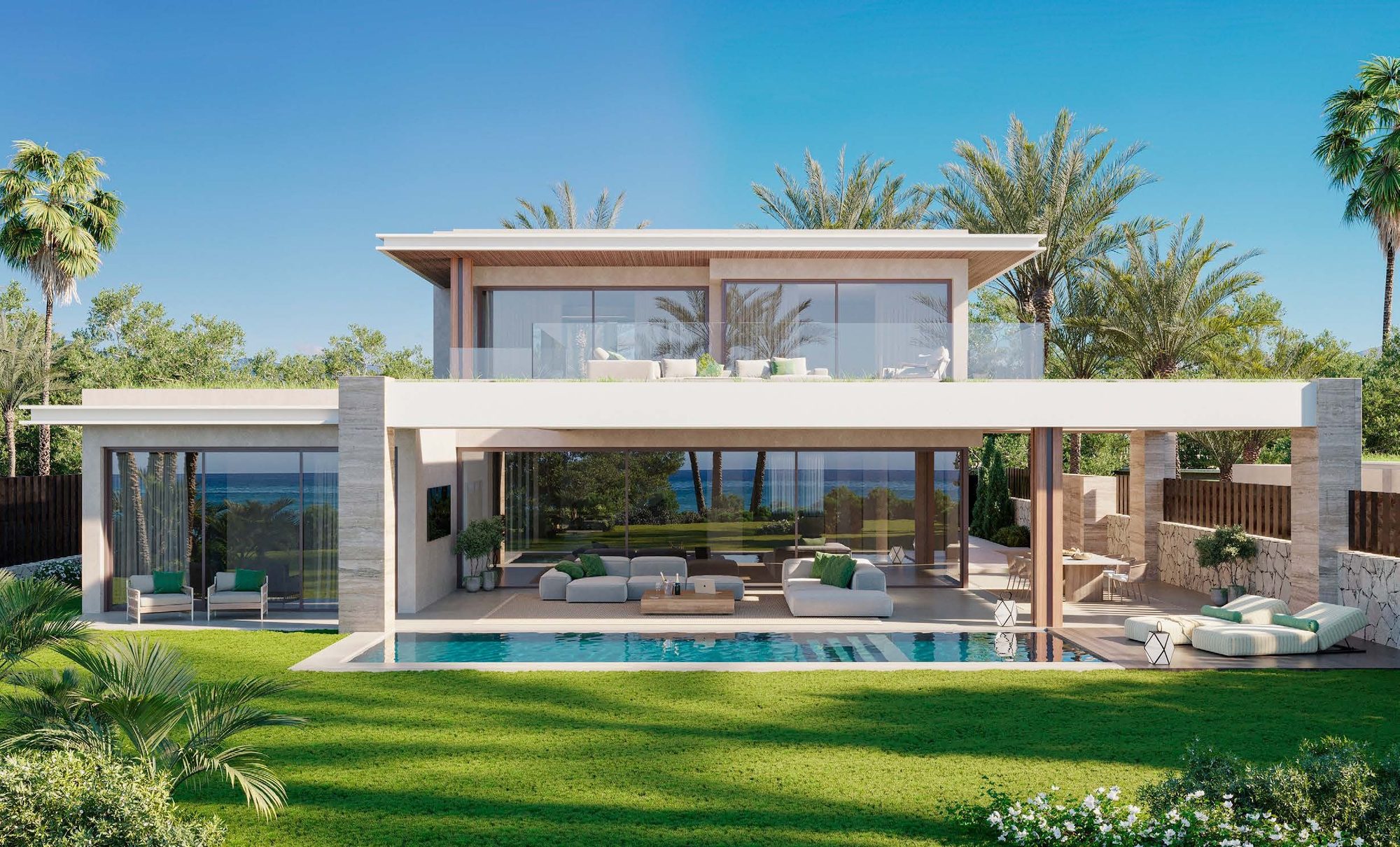 Visualisierung des Bauträgers: eine Villa in erster Strandlinie von ihrem Rasen aus, den Pool an der Front