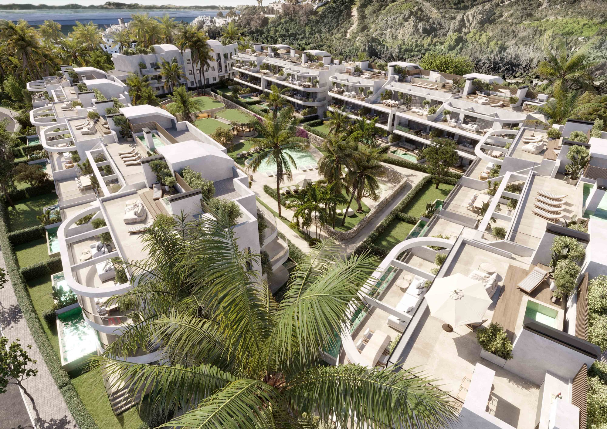 Computer-generated aerial view of the white blocks around landscaped gardens and palms