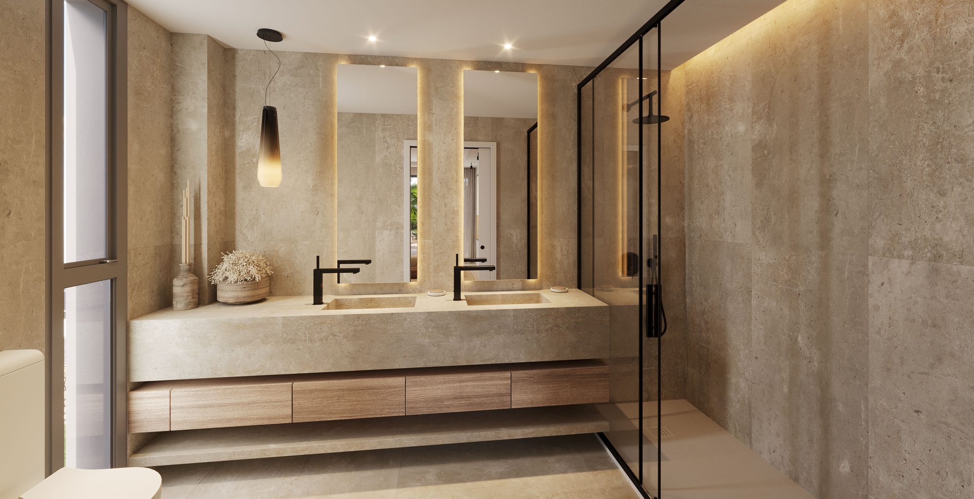 Computer-generated bathroom with a double stone vanity and a glazed shower