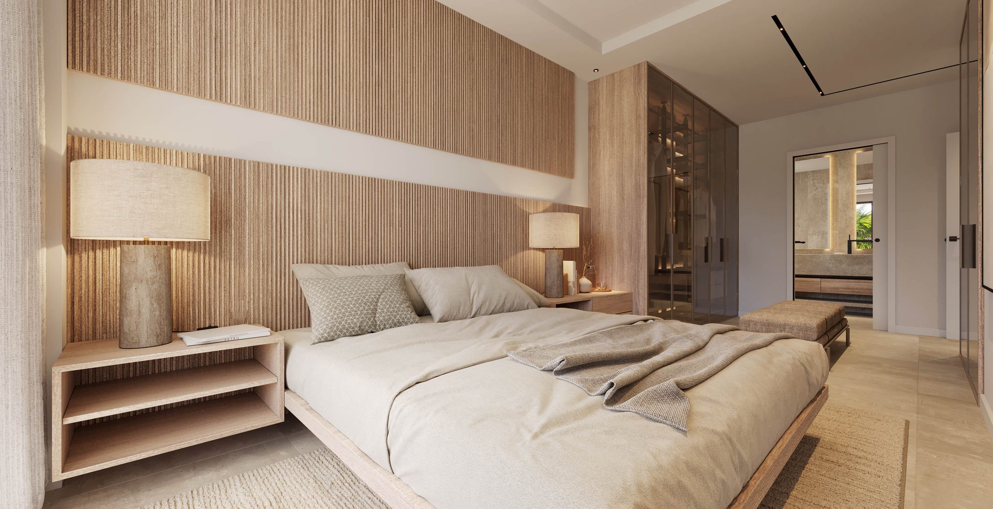Computer-generated bedroom with a wood-slatted headboard and a walk-in wardrobe