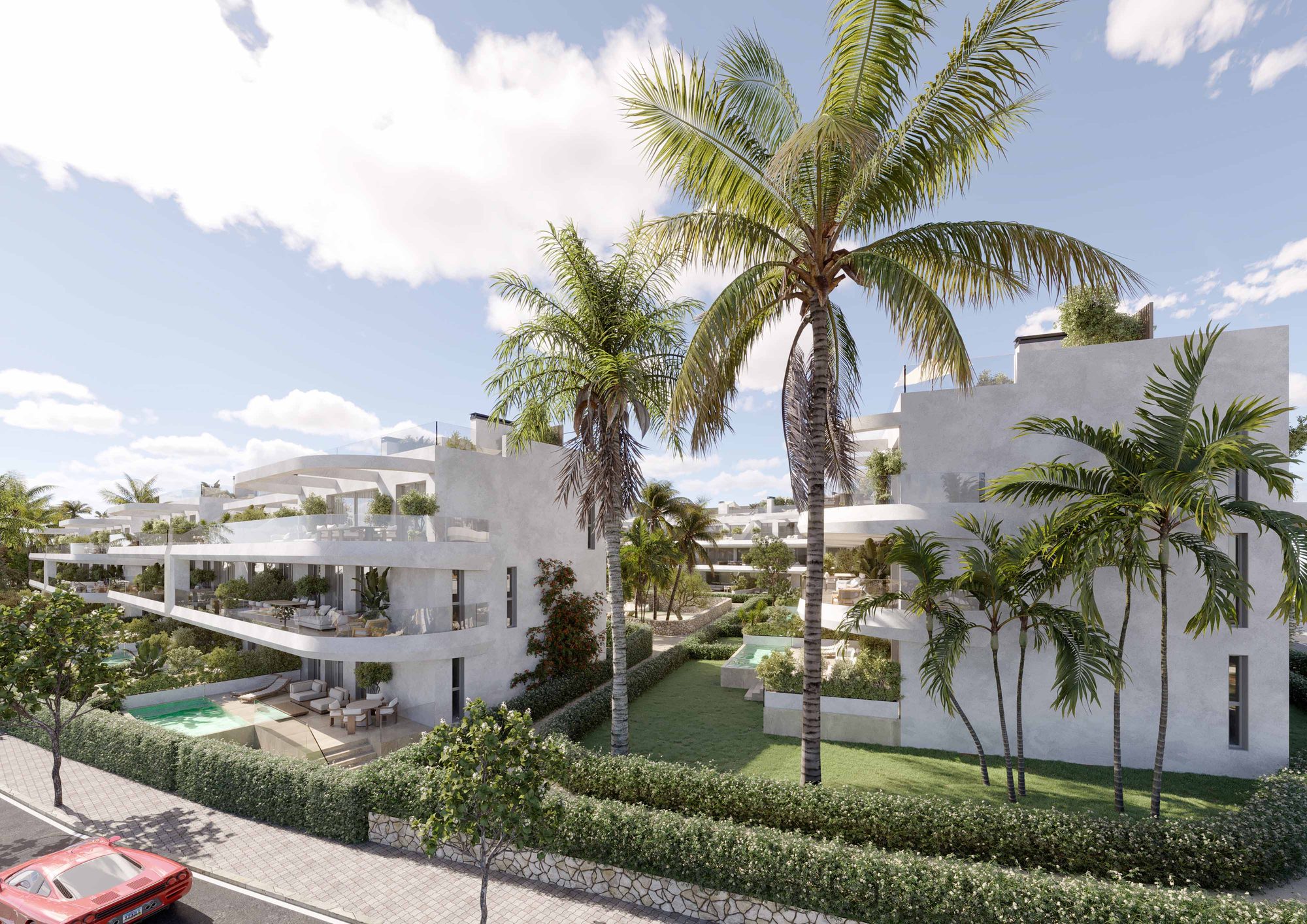 Computer-generated view of white blocks, palms and a private pool from the street side