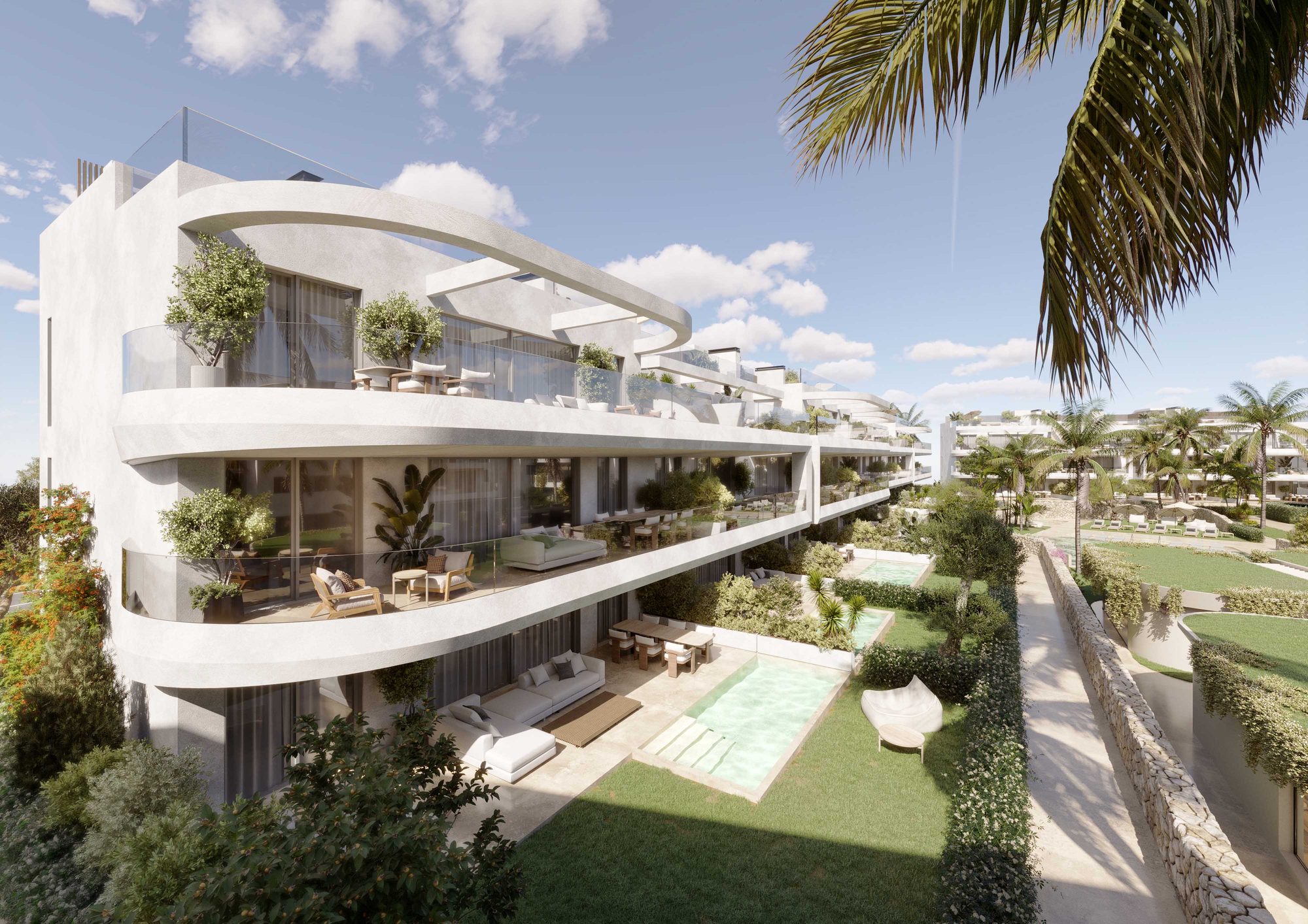 Computer-generated view of a white block with curved terraces above a private pool and a lawn
