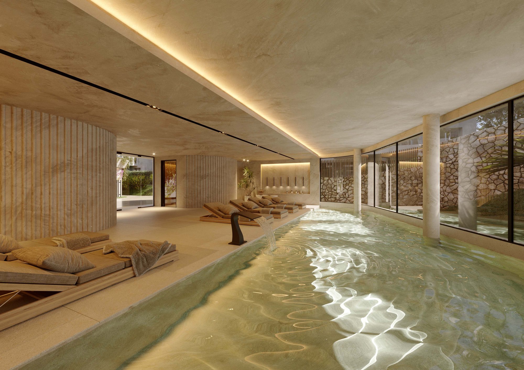 Computer-generated indoor pool in a long glazed hall with loungers