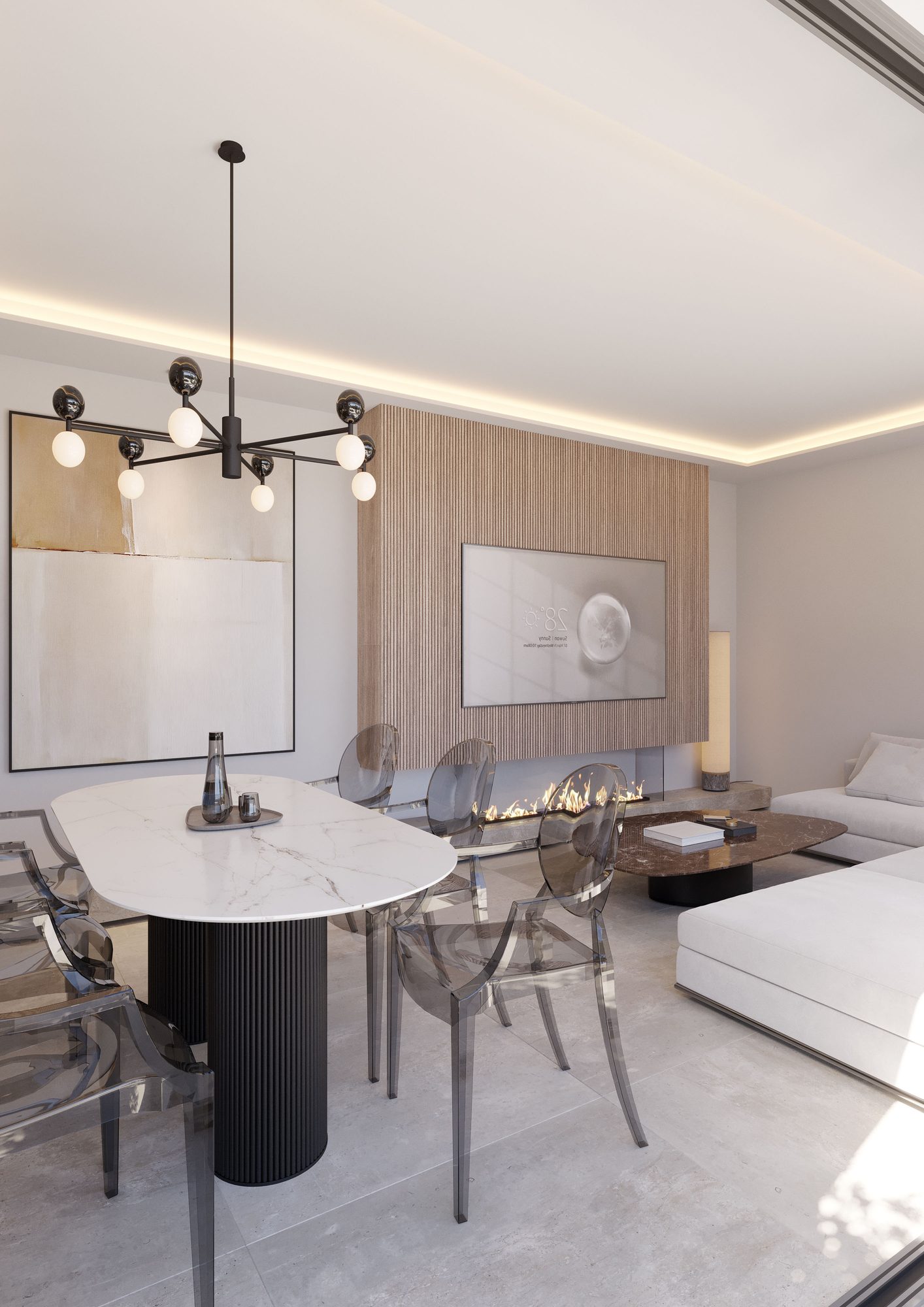 Computer-generated living and dining room with a wood-slatted wall and a linear fireplace