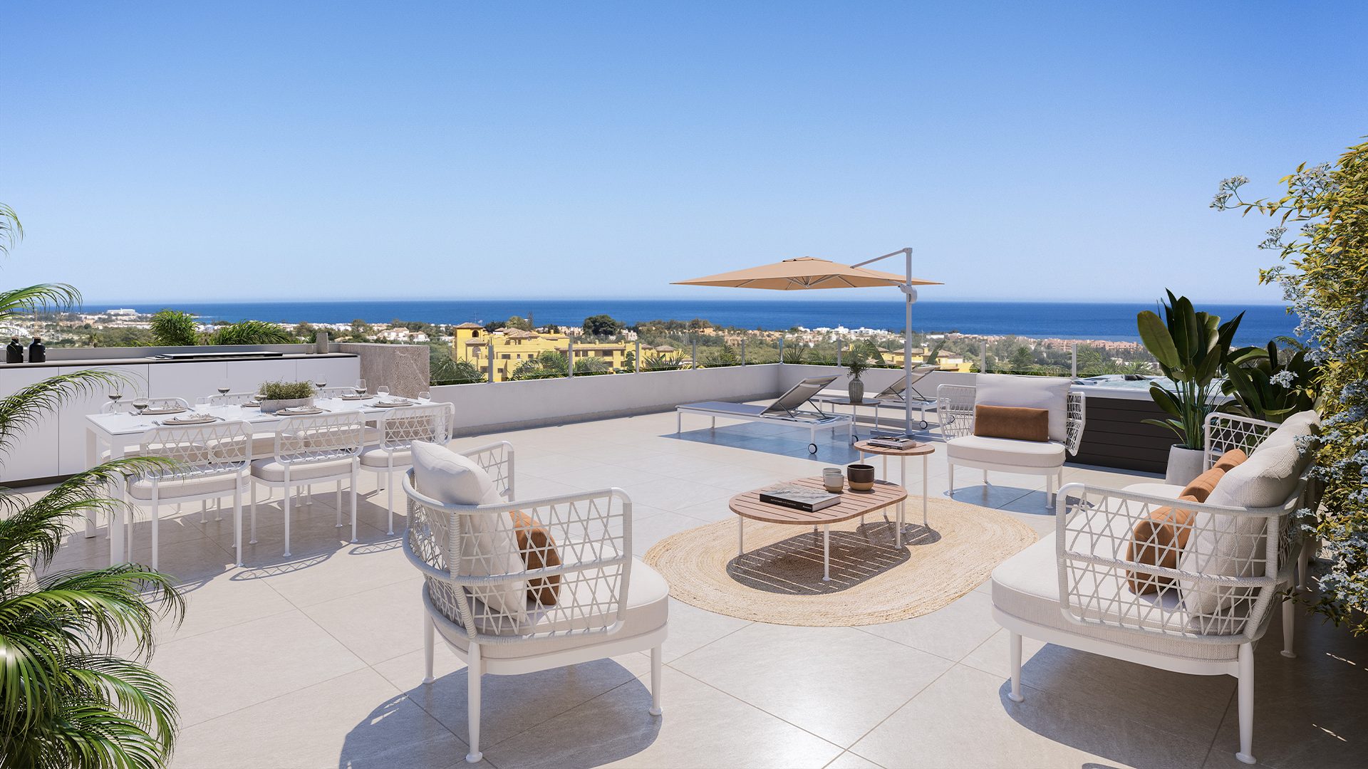 Computergegenereerd beeld van een dakterras met eettafel, loungehoek en zeezicht