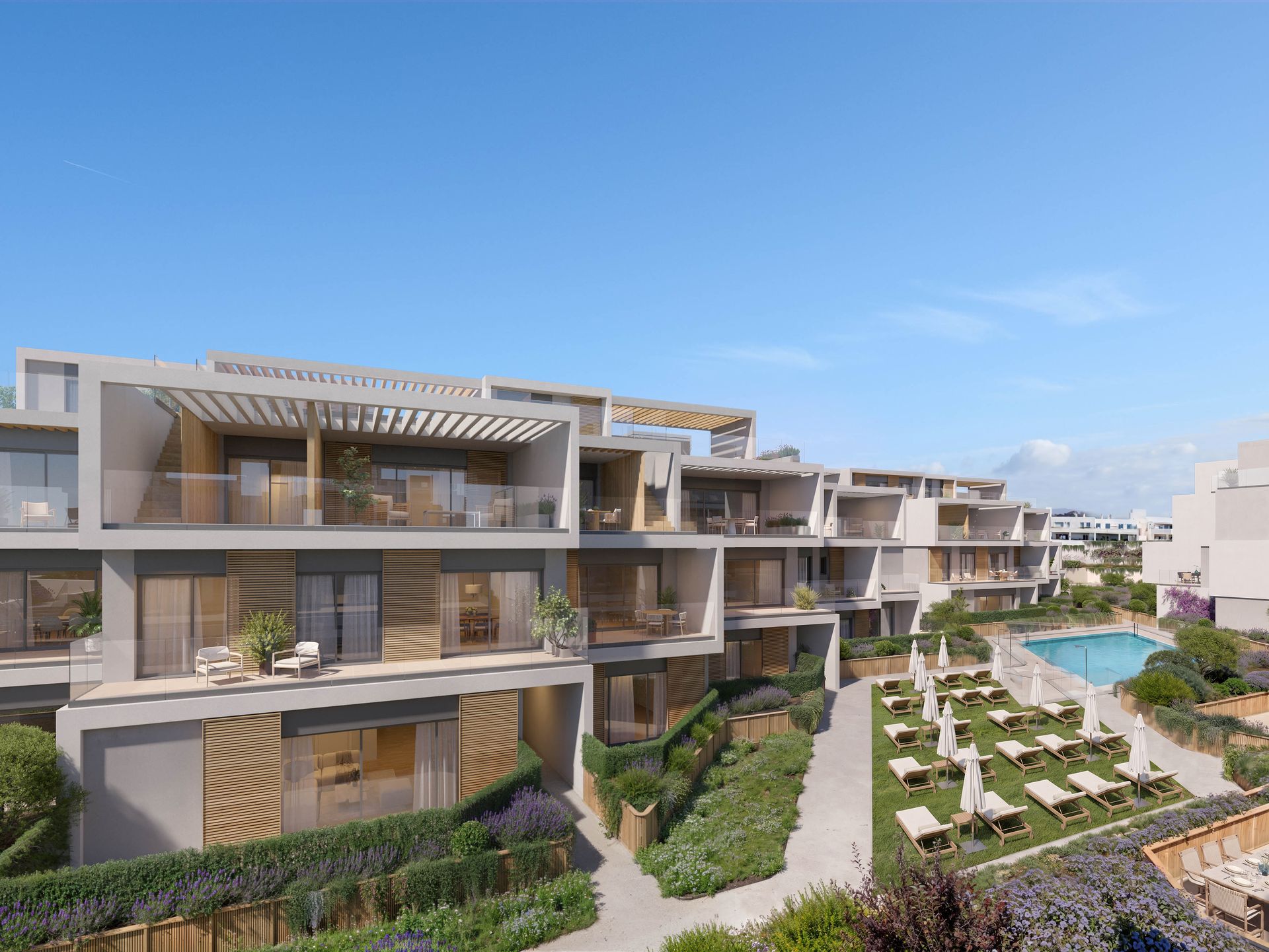 Developer visual of the outdoor pool and landscaped gardens