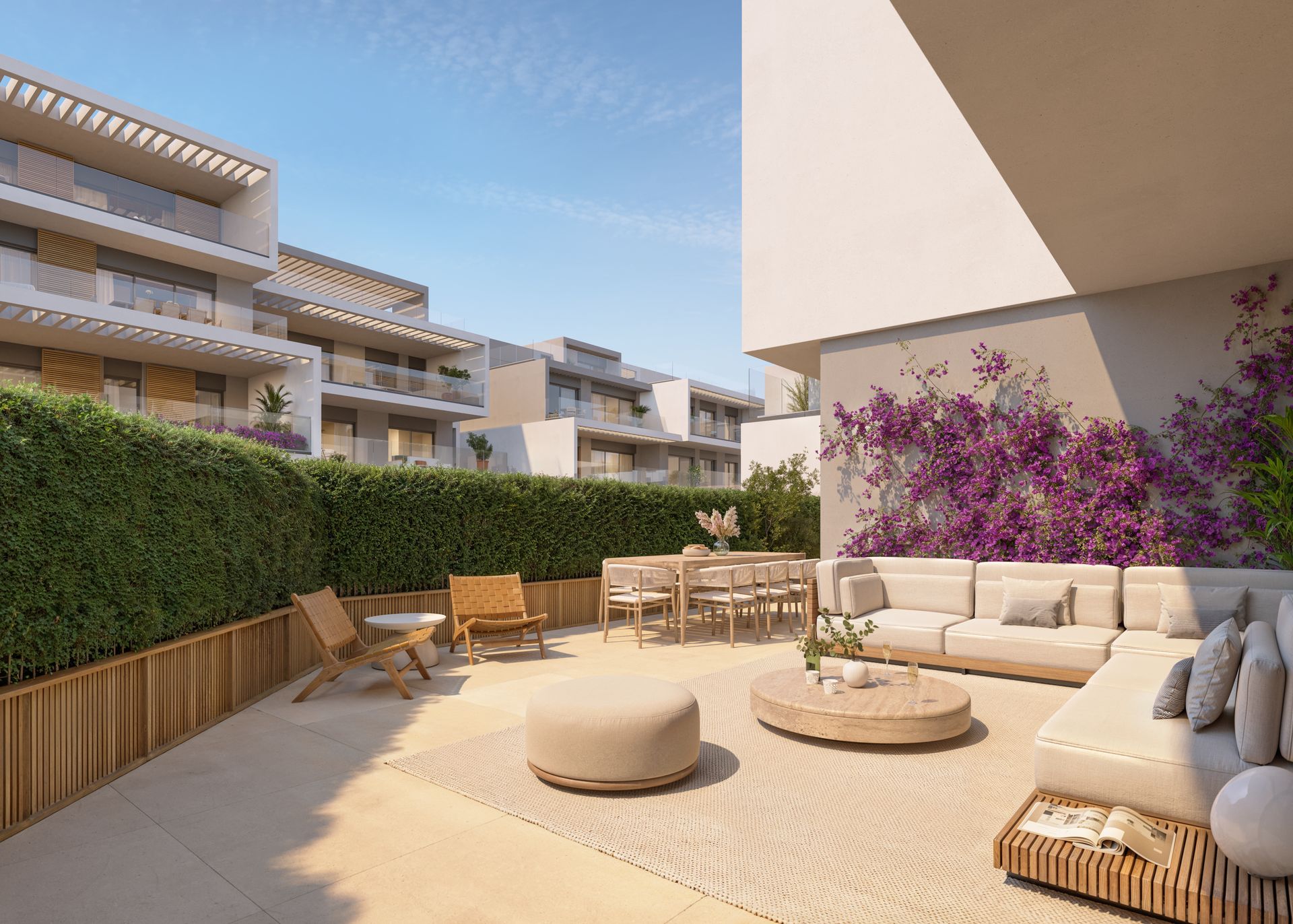 Developer visual of a ground-floor residence terrace with garden