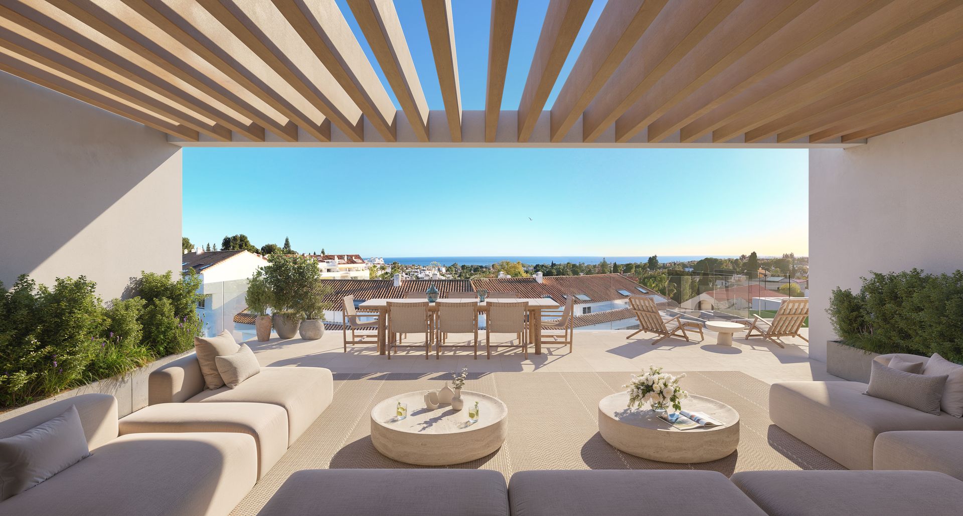 Developer visual of a residence terrace at sunset