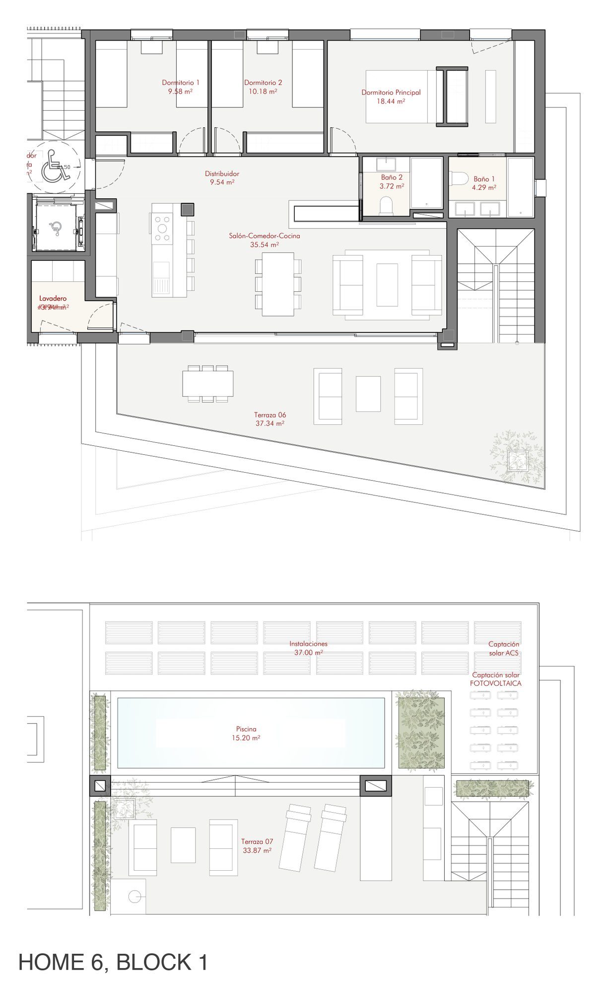Floorplan of home 6, block 1, with the second-floor apartment and the roof solarium and pool